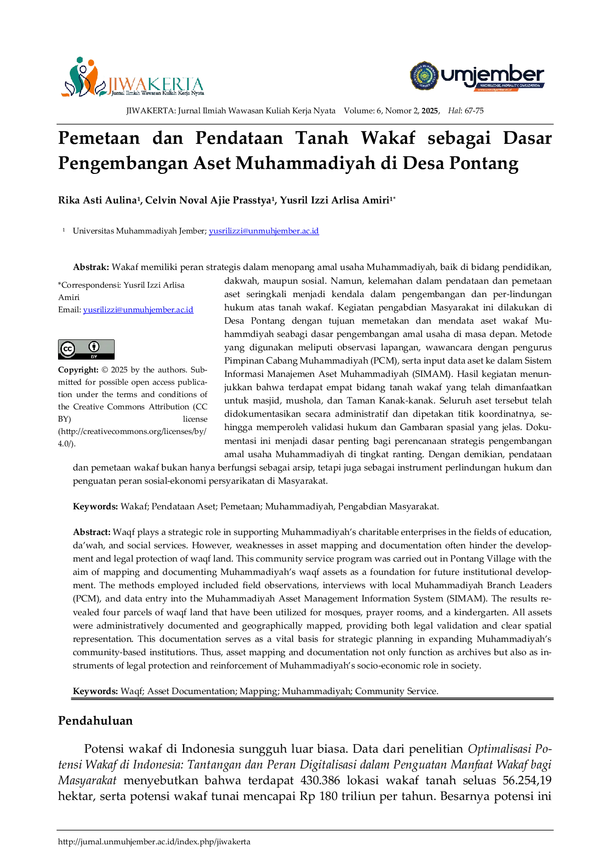 JURIS Pemetaan dan Pendataan Tanah Wakaf sebagai Dasar Pengembangan Aset Muhammadiyah di Desa Pontang