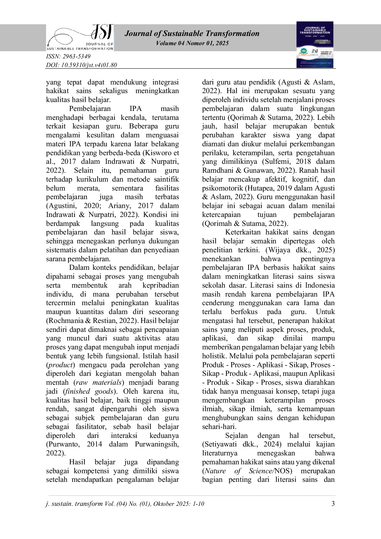 JURIS Peran Hakikat Sains dalam Pembelajaran IPA terhadap Hasil Belajar Siswa