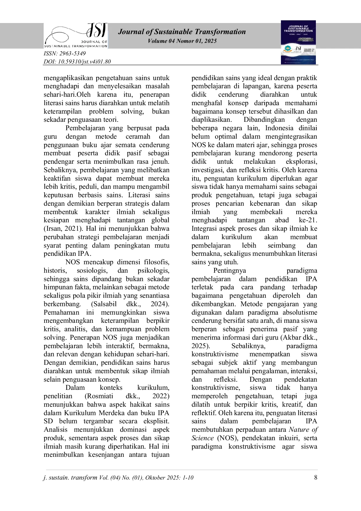 JURIS Peran Hakikat Sains dalam Pembelajaran IPA terhadap Hasil Belajar Siswa