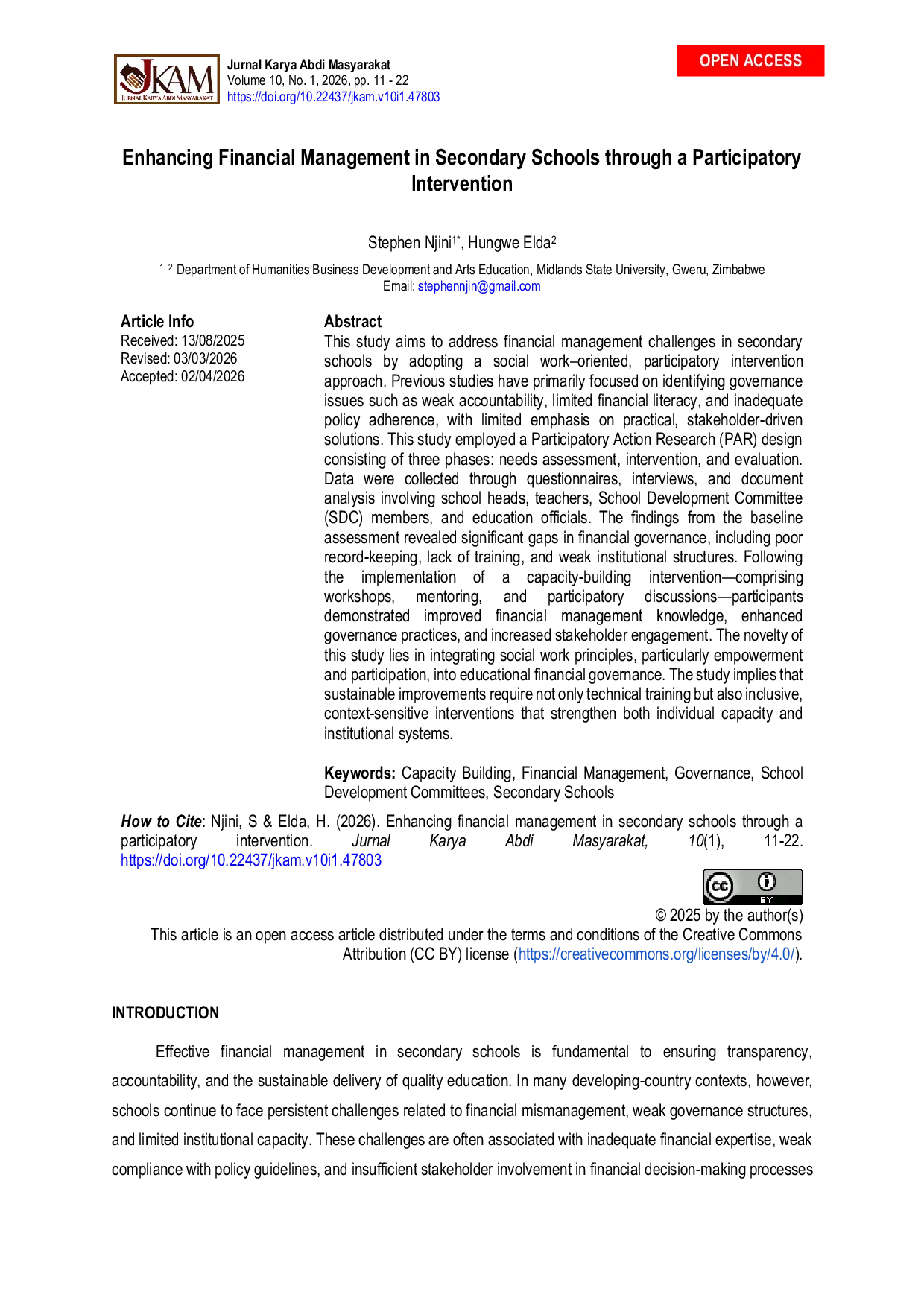 JURIS Enhancing Financial Management in Secondary Schools through a Participatory Intervention