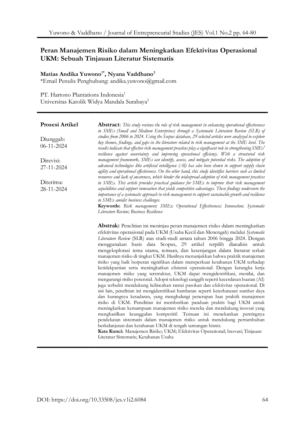 JURIS Peran Manajemen Risiko dalam Meningkatkan Efektivitas Operasional UKM Sebuah Tinjauan Sistematis