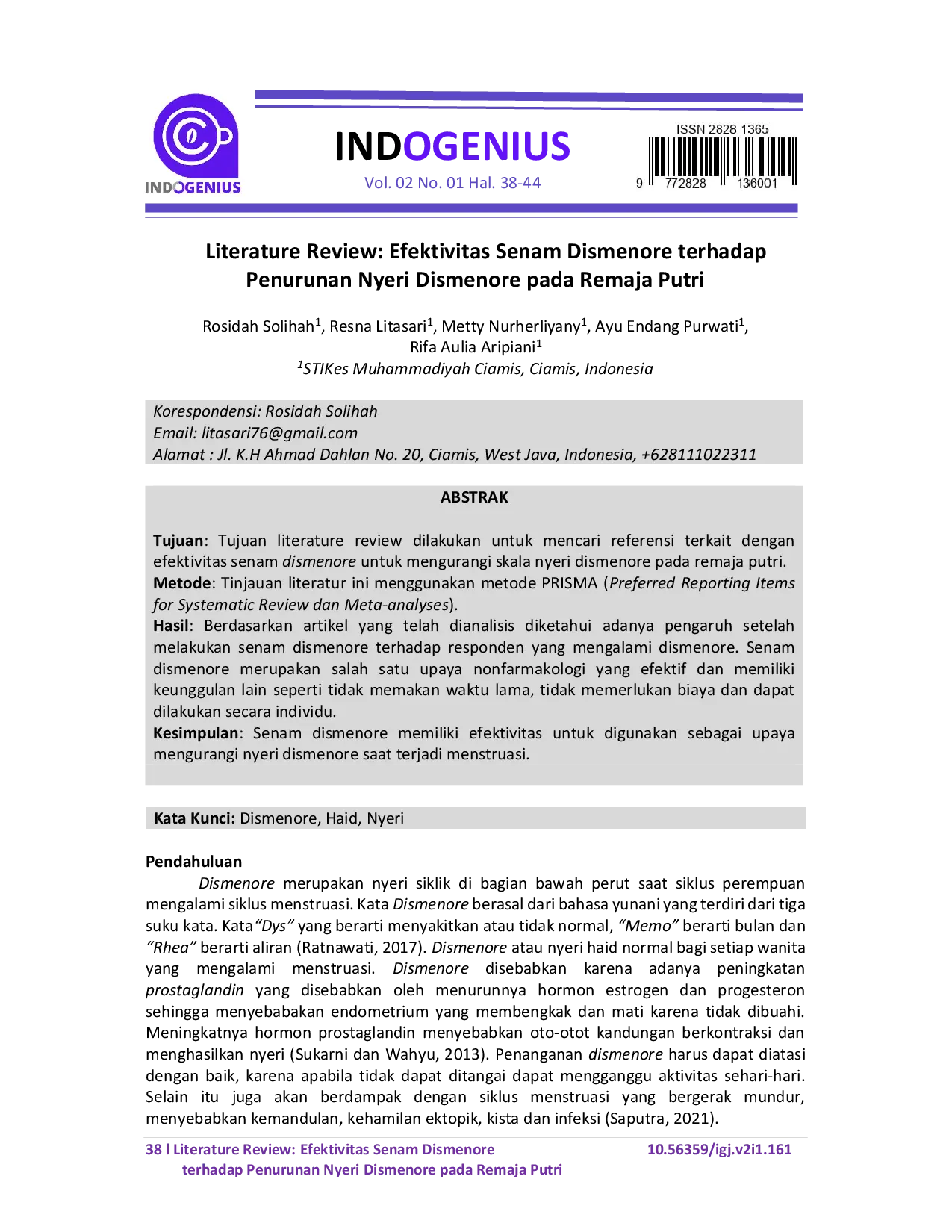 JURIS Literature Review Efektivitas Senam Dismenore terhadap Penurunan Nyeri Dismenore pada Remaja Putri