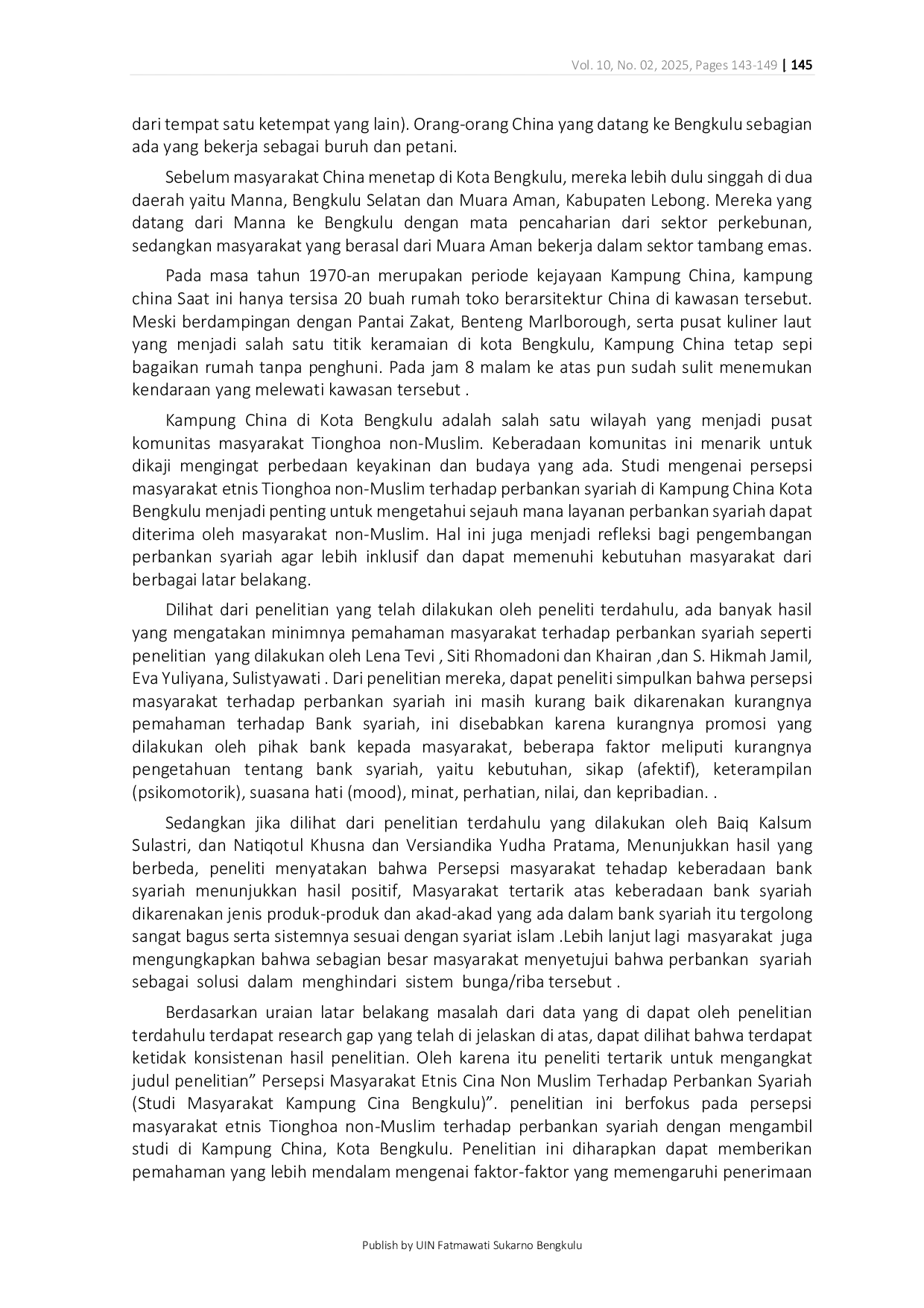 JURIS Persepsi Masyarakat Etnis Cina Non Muslim Terhadap Perbankan Syariah Studi Masyarakat Kampung Cina Kota Bengkulu