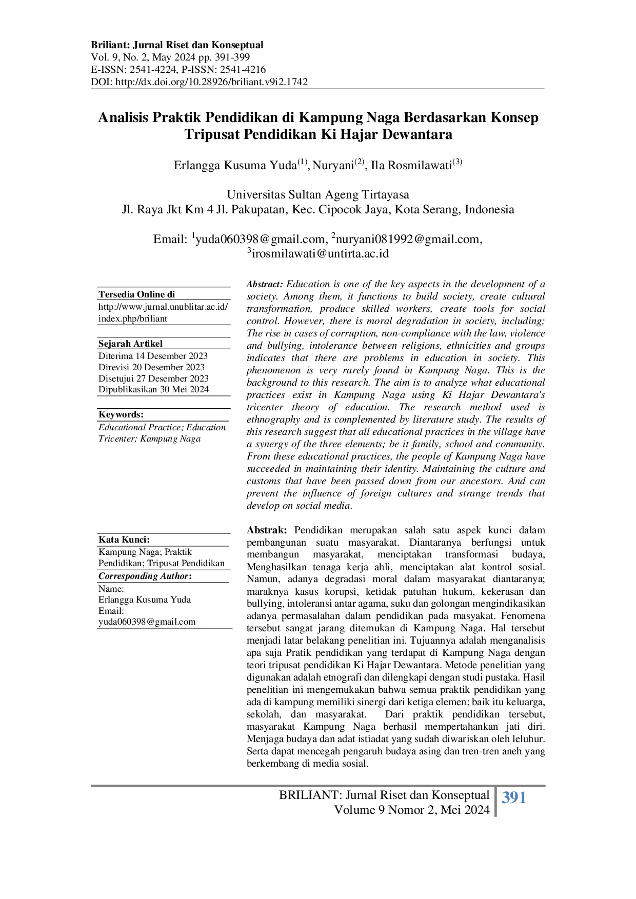 JURIS Analisis Praktik Pendidikan di Kampung Naga Berdasarkan Konsep Tripusat Pendidikan Ki Hajar Dewantara