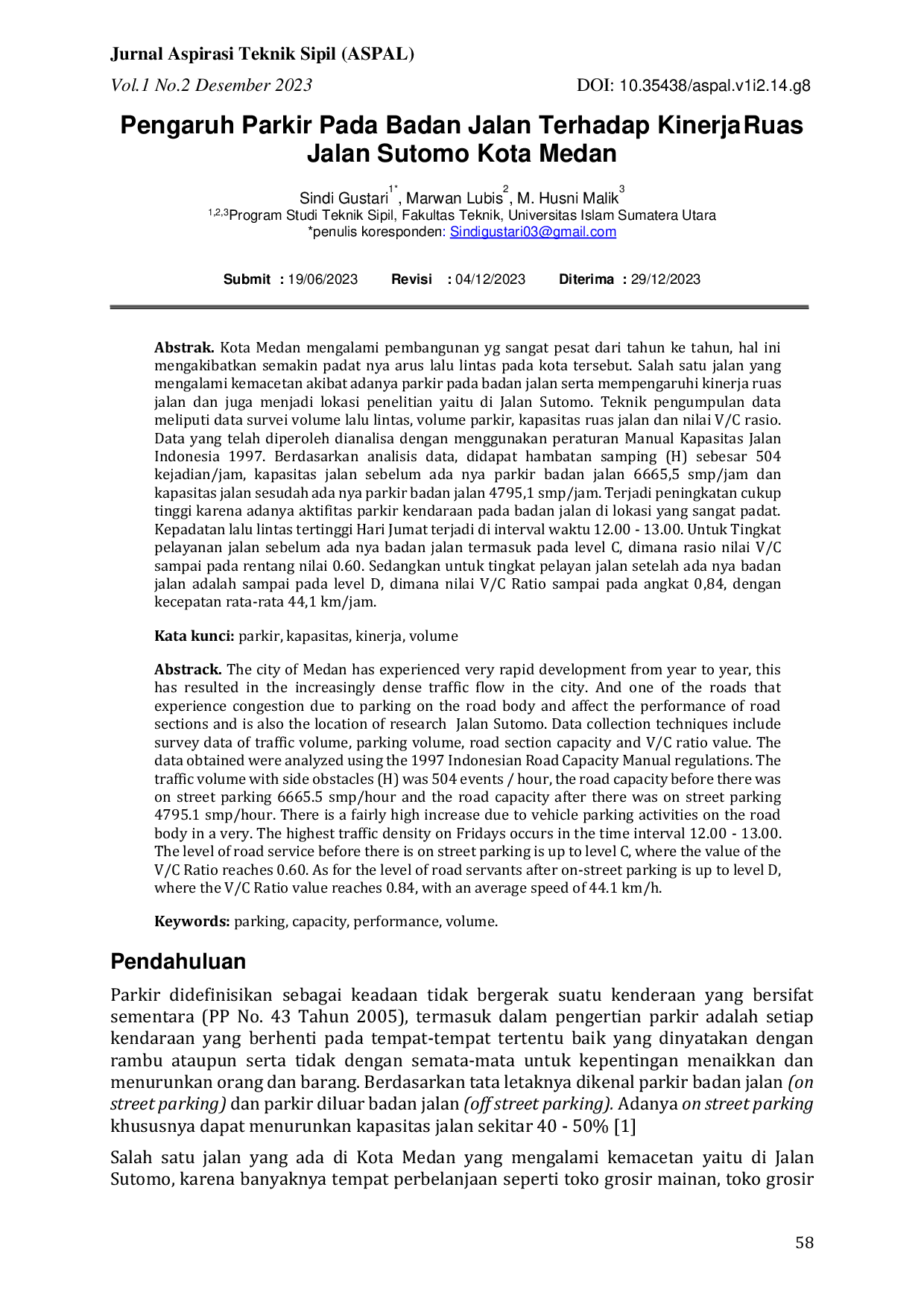 JURIS Pengaruh Parkir Pada Badan Jalan Terhadap Kinerja Ruas Jalan Sutomo Kota Medan