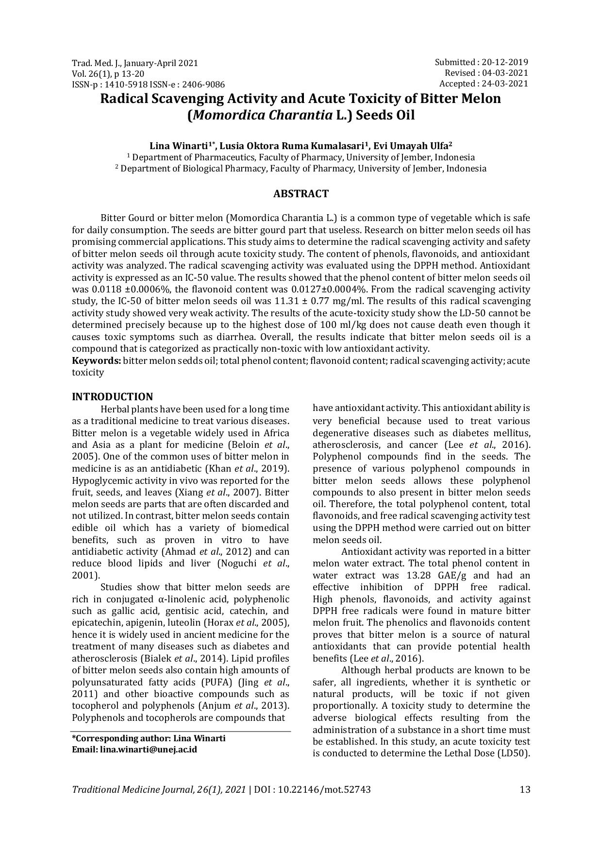 JURIS Radical Scavenging Activity and Acute Toxicity of Bitter Melon Momordica Charantia L Seed Oil