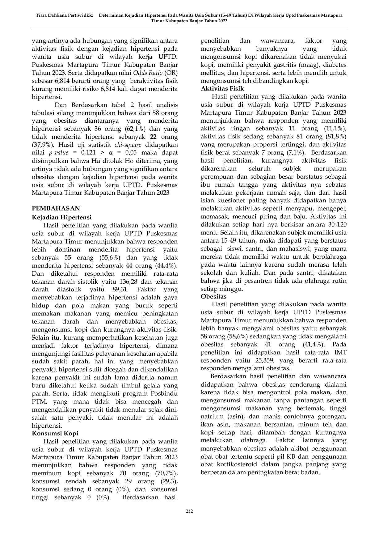 JURIS Faktor Faktor Yang Berhubungan Dengan Kejadian Hipertensi pada Wanita Usia Subur 15 49 Tahun di Wilayah Kerja UPTD Puskesmas Martapura Timur Tahun 2023