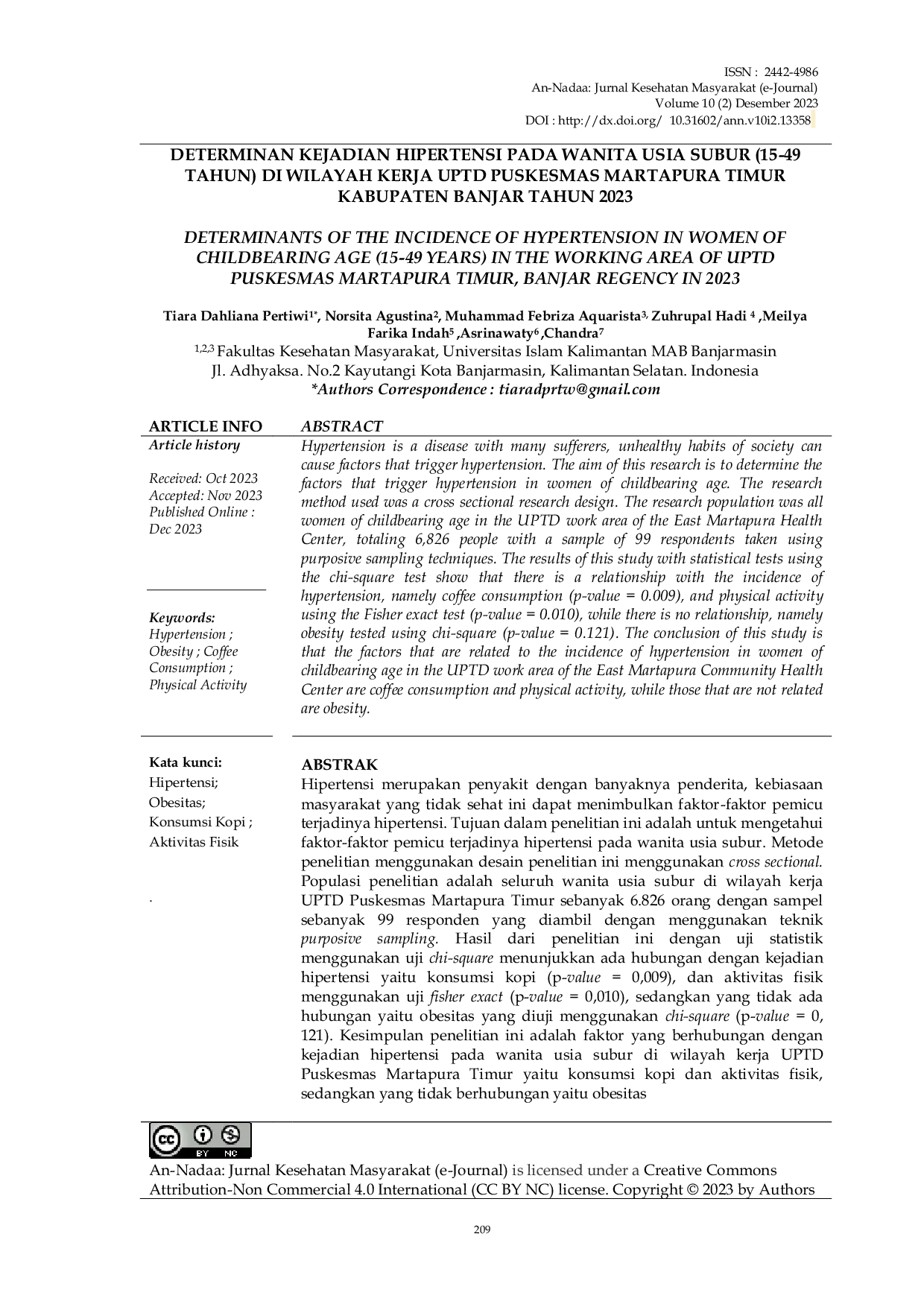 JURIS Faktor Faktor Yang Berhubungan Dengan Kejadian Hipertensi pada Wanita Usia Subur 15 49 Tahun di Wilayah Kerja UPTD Puskesmas Martapura Timur Tahun 2023