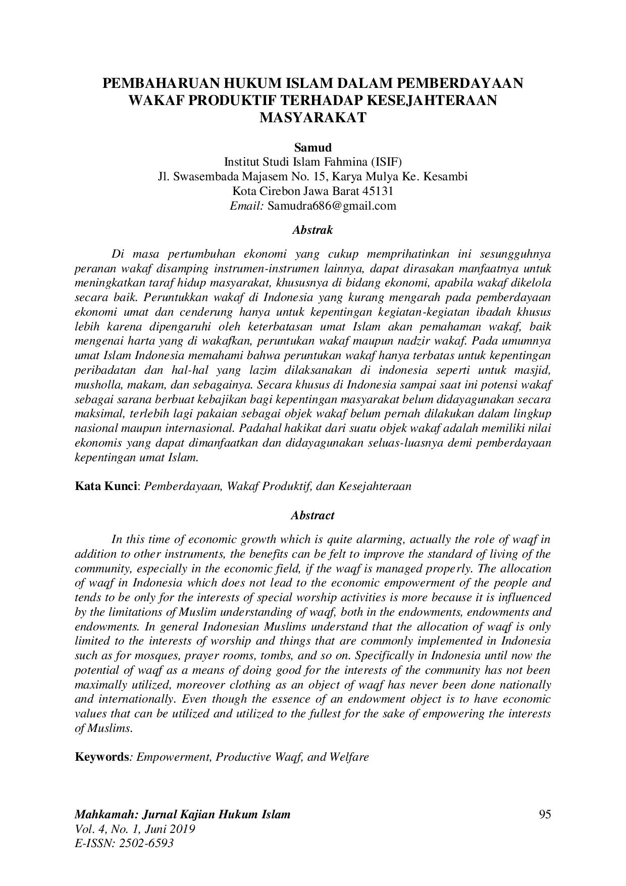 JURIS Pembaharuan Hukum Islam Dalam Pemberdayaan Wakaf Produktif Terhadap Kesejahteraan Masyarakat