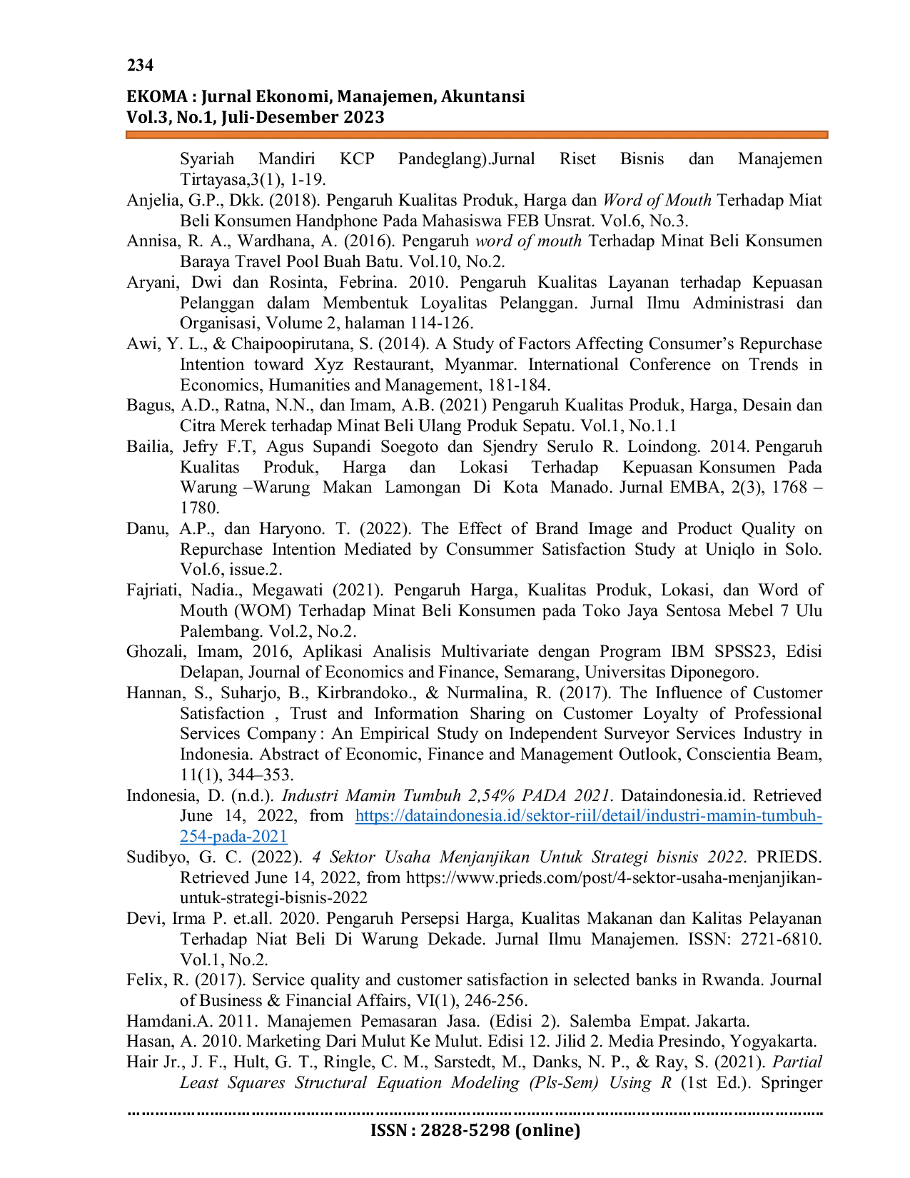 JURIS Pengaruh Kualitas Produk Dan Kualitas Layanan Terhadap Niat Beli Kembali Melalui Kepuasan Pelanggan Wizzmie Di Surabaya