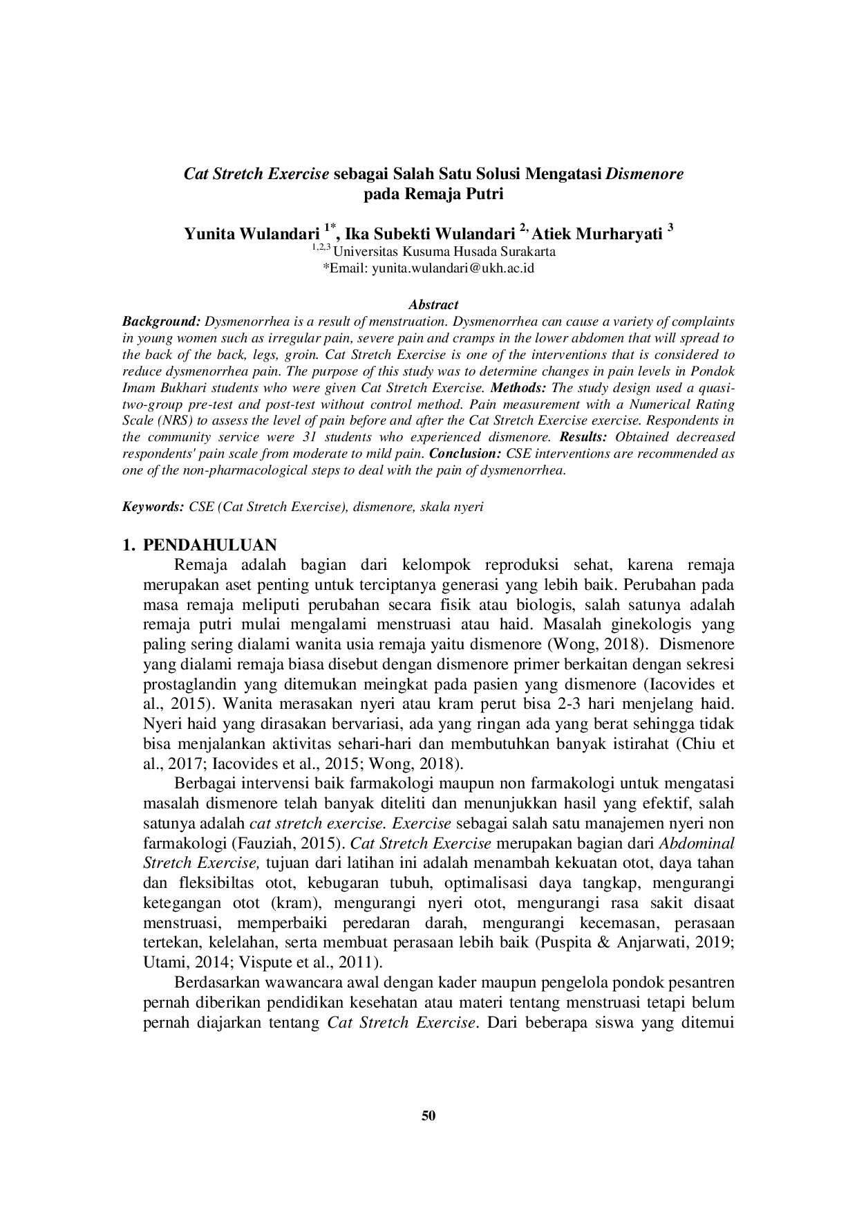 JURIS Cat Stretch Exercise sebagai Salah Satu Solusi Mengatasi Dismenore pada Remaja Putri