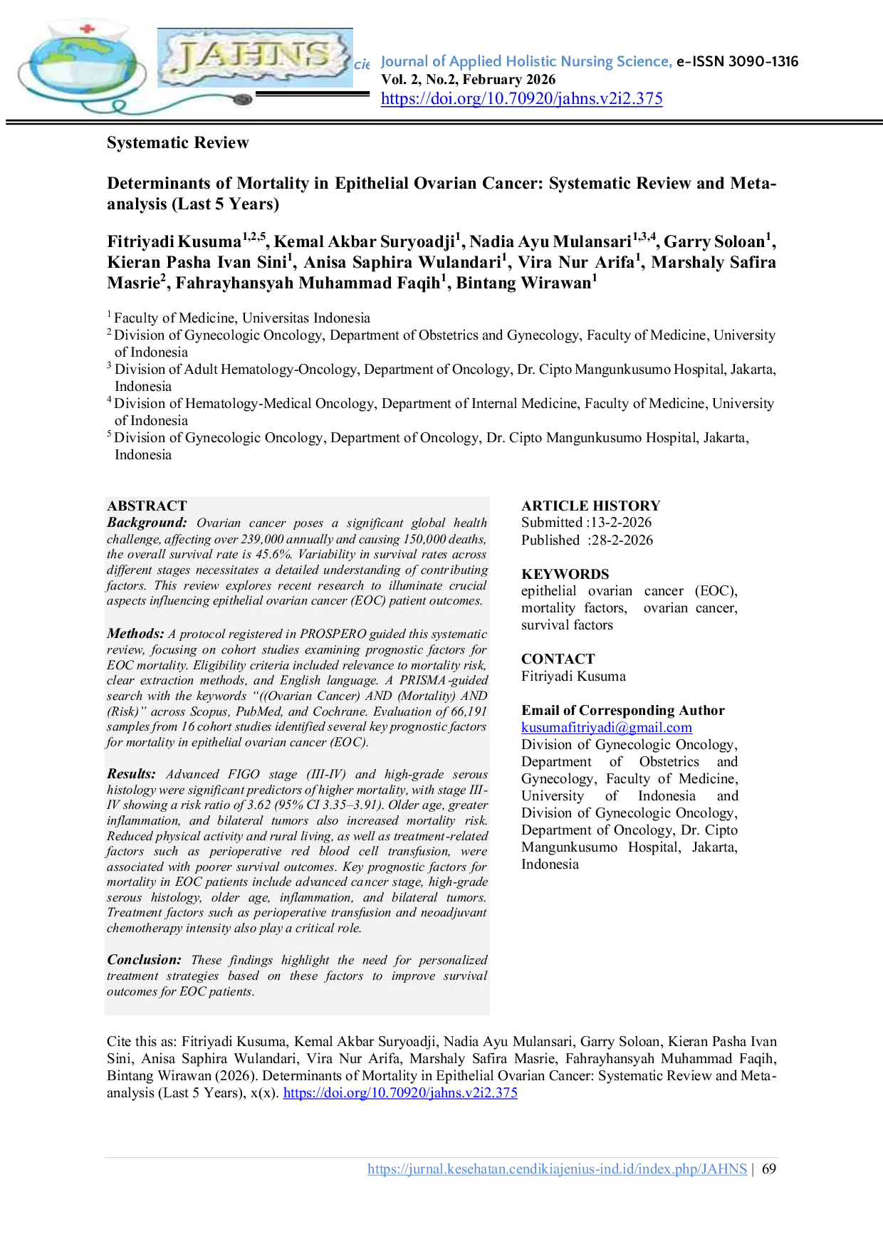 JURIS Determinants of Mortality in Epithelial Ovarian Cancer Systematic Review and Meta analysis Last 5 Years