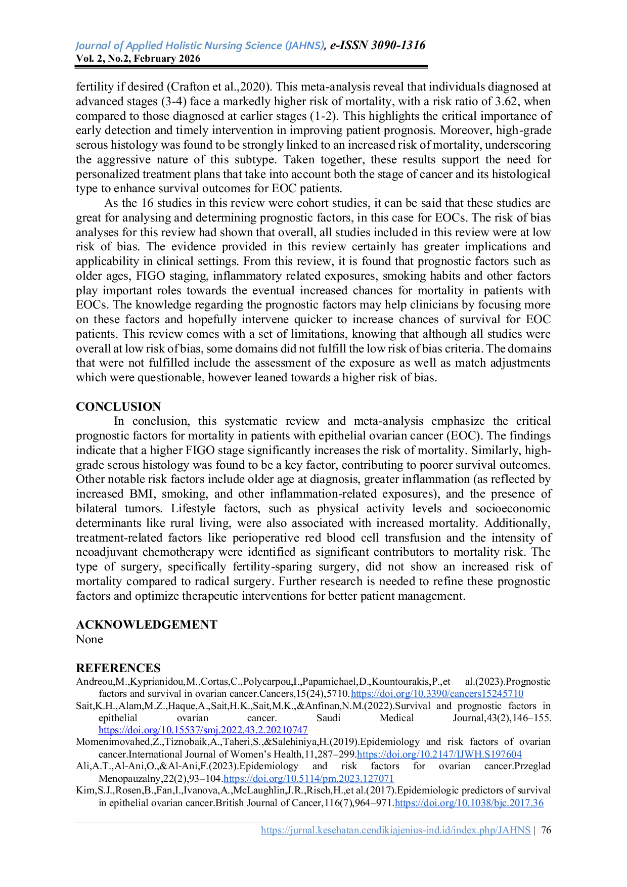 JURIS Determinants of Mortality in Epithelial Ovarian Cancer Systematic Review and Meta analysis Last 5 Years