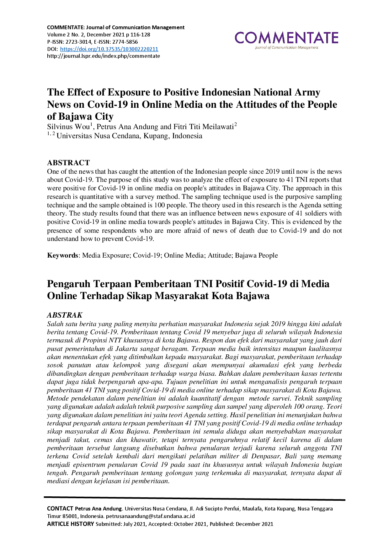 JURIS The Effect of Exposure to Positive Indonesian National Army News on Covid 19 in Online Media on the Attitudes of the People of Bajawa City