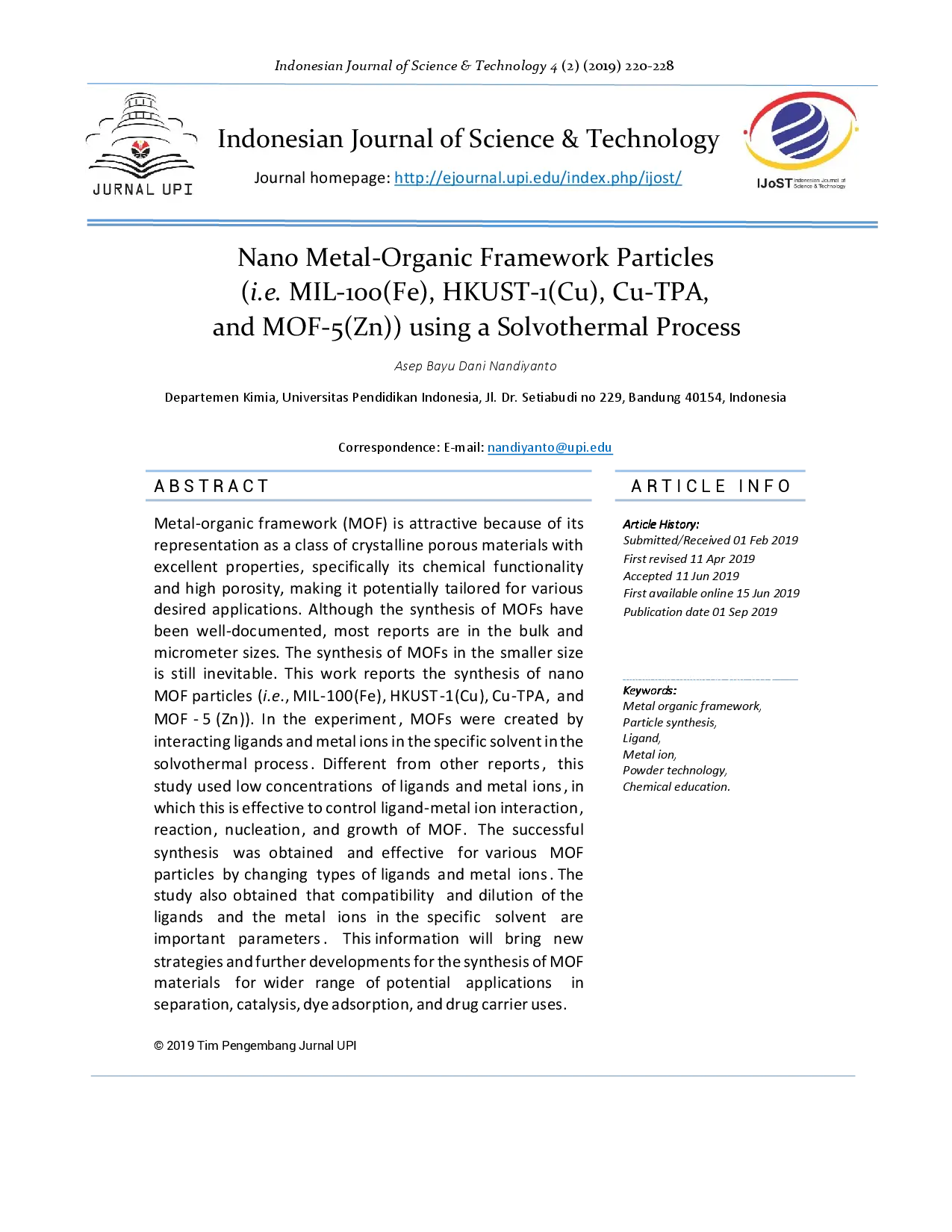 juris Nano Metal Organic Framework Particles i e MIL 100 Fe HKUST 1 Cu Cu TPA and MOF 5 Zn using a solvothermal process
