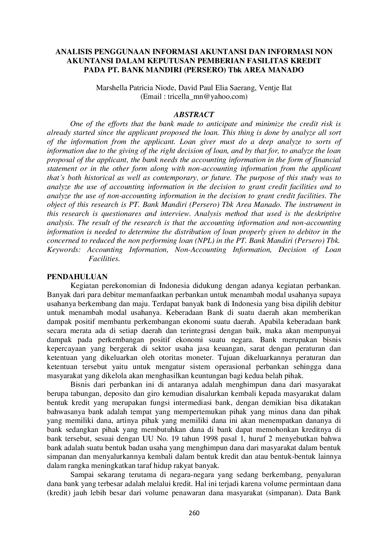 JURIS Analisis Penggunaan Informasi Akuntansi dan Informasi Non Akuntansi Dalam Keputusan Pemberian Fasilitas Kredit Pada PT Bank Mandiri Persero Tbk Area Manado