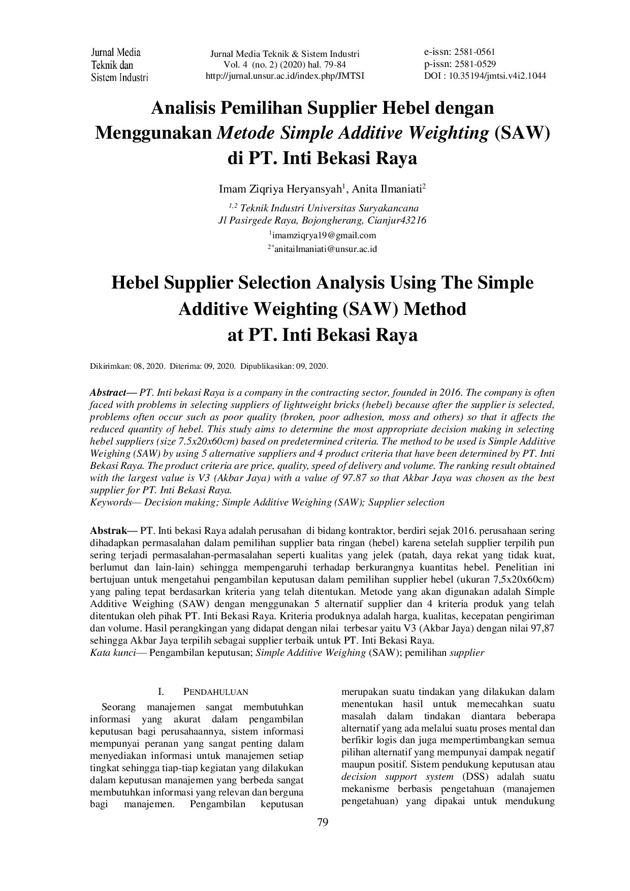 JURIS Analisis Pemilihan Supplier Hebel Dengan Menggunakan Metode Simple Additive Weighting SAW Di PT Inti Bekasi Raya