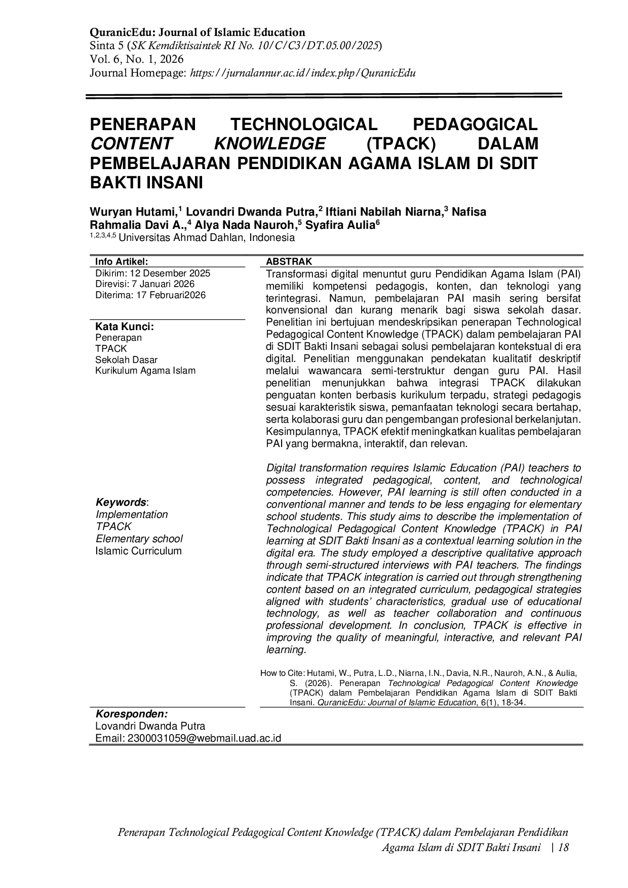JURIS Penerapan Technological Pedagogical Content Knowledge TPACK dalam Pembelajaran Pendidikan Agama Islam di SDIT Bakti Insani