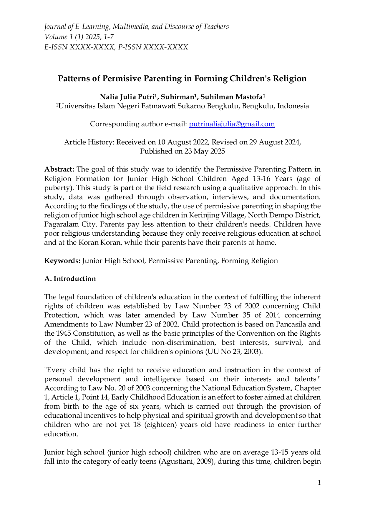 JURIS Patterns of Permisive Parenting in Forming Children s Religion