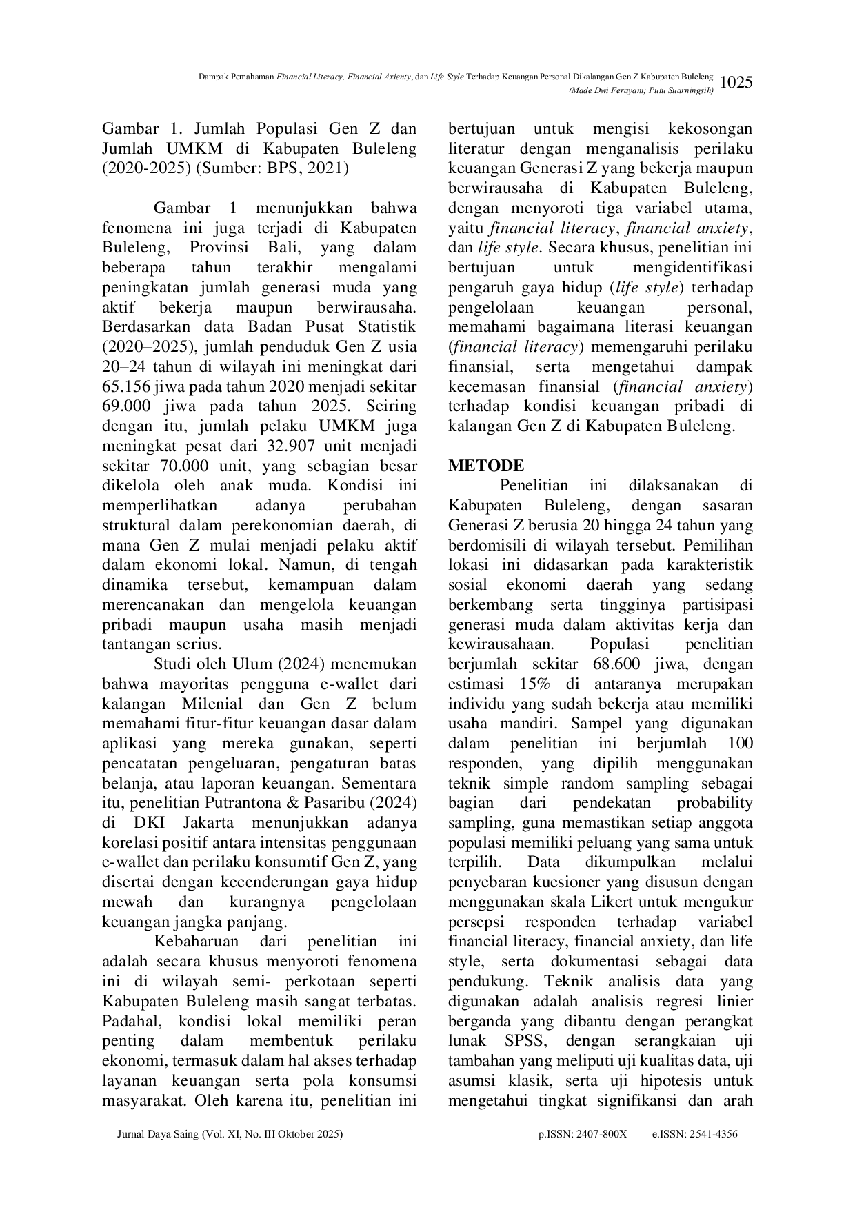 JURIS Dampak Pemahaman Financial Literacy Financial Anxiety Dan Life Style Terhadap Keuangan Personal Dikalangan Gen Z Kabupaten Buleleng