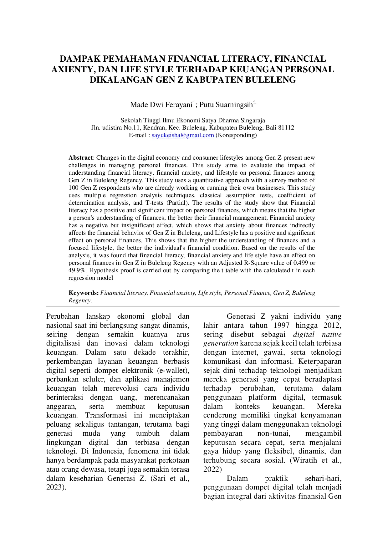JURIS Dampak Pemahaman Financial Literacy Financial Anxiety Dan Life Style Terhadap Keuangan Personal Dikalangan Gen Z Kabupaten Buleleng