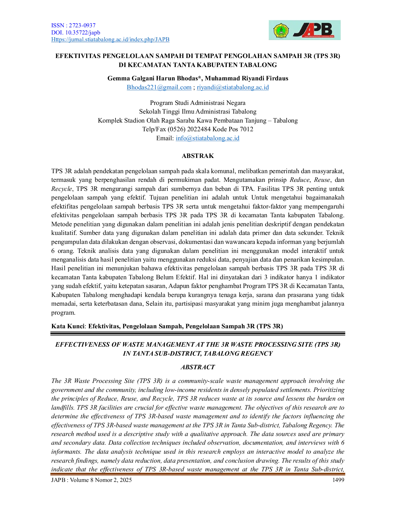 JURIS Efektivitas Pengelolaan Sampah Di Tempat Pengolahan Sampah 3R TPS 3R Di Kecamatan Tanta Kabupaten Tabalong