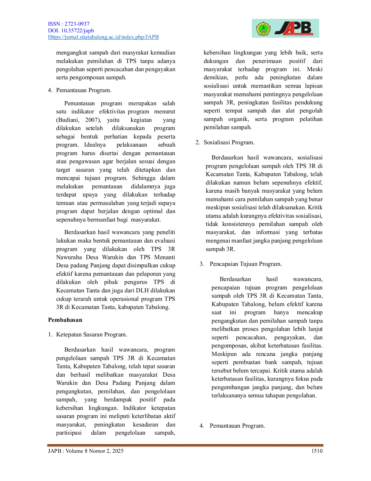 JURIS Efektivitas Pengelolaan Sampah Di Tempat Pengolahan Sampah 3R TPS 3R Di Kecamatan Tanta Kabupaten Tabalong