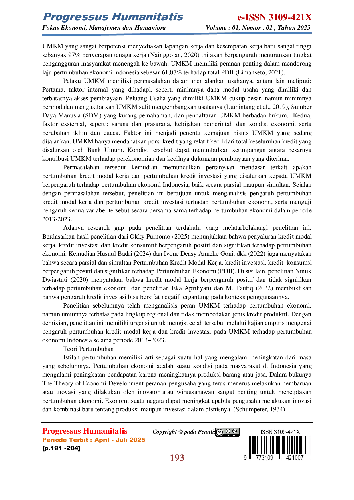 JURIS Pengaruh Pertumbuhan Kredit Modal Kerja Dan Pertumbuhan Kredit Investasi Pada Umkm Terhadap Pertumbuhan Ekonomi Indonesia Periode 2013 2023