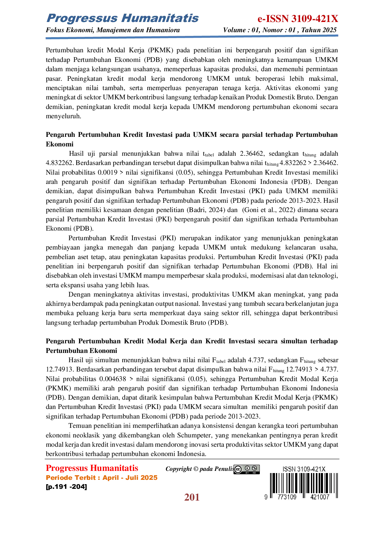 JURIS Pengaruh Pertumbuhan Kredit Modal Kerja Dan Pertumbuhan Kredit Investasi Pada Umkm Terhadap Pertumbuhan Ekonomi Indonesia Periode 2013 2023