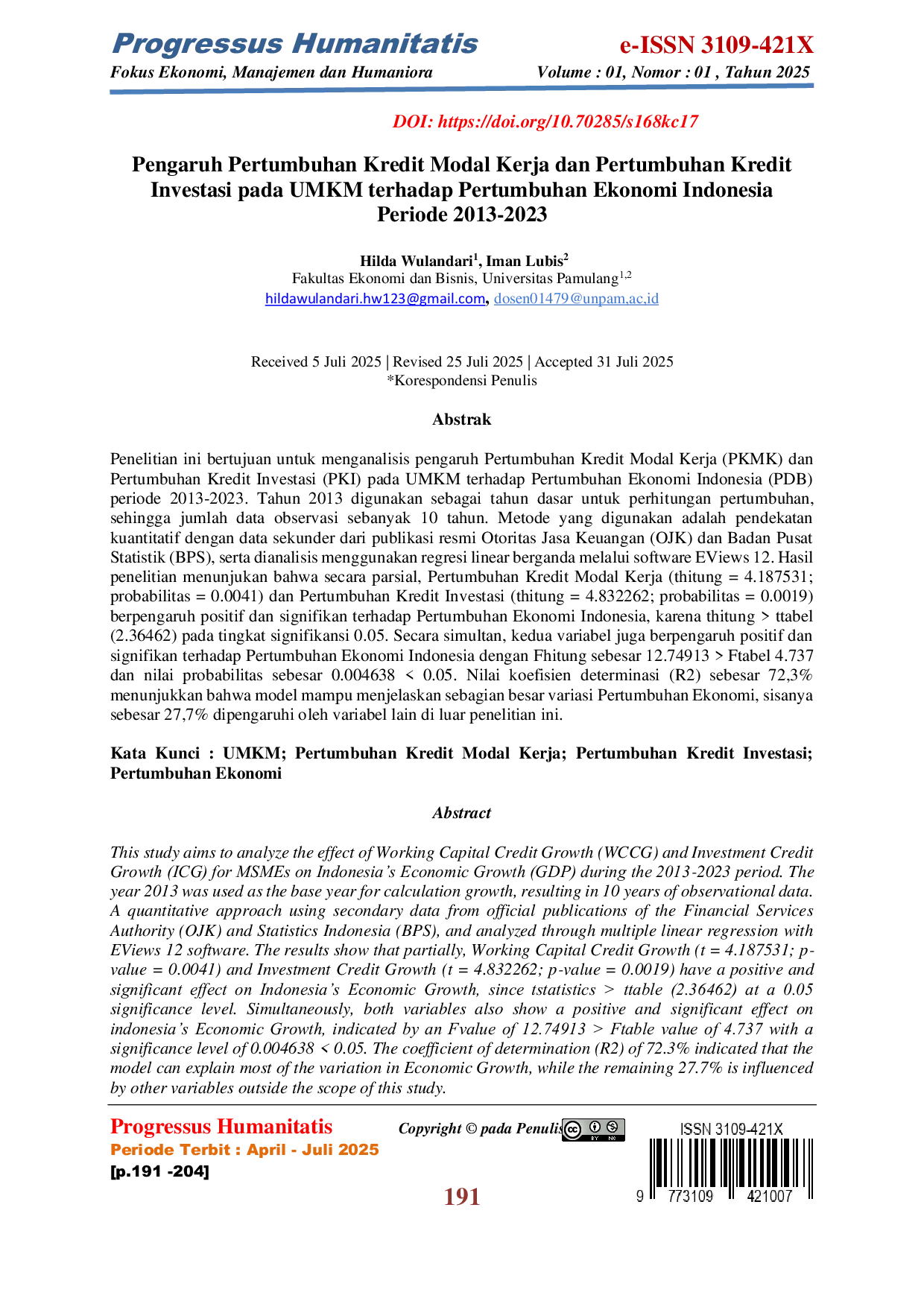 JURIS Pengaruh Pertumbuhan Kredit Modal Kerja Dan Pertumbuhan Kredit Investasi Pada Umkm Terhadap Pertumbuhan Ekonomi Indonesia Periode 2013 2023