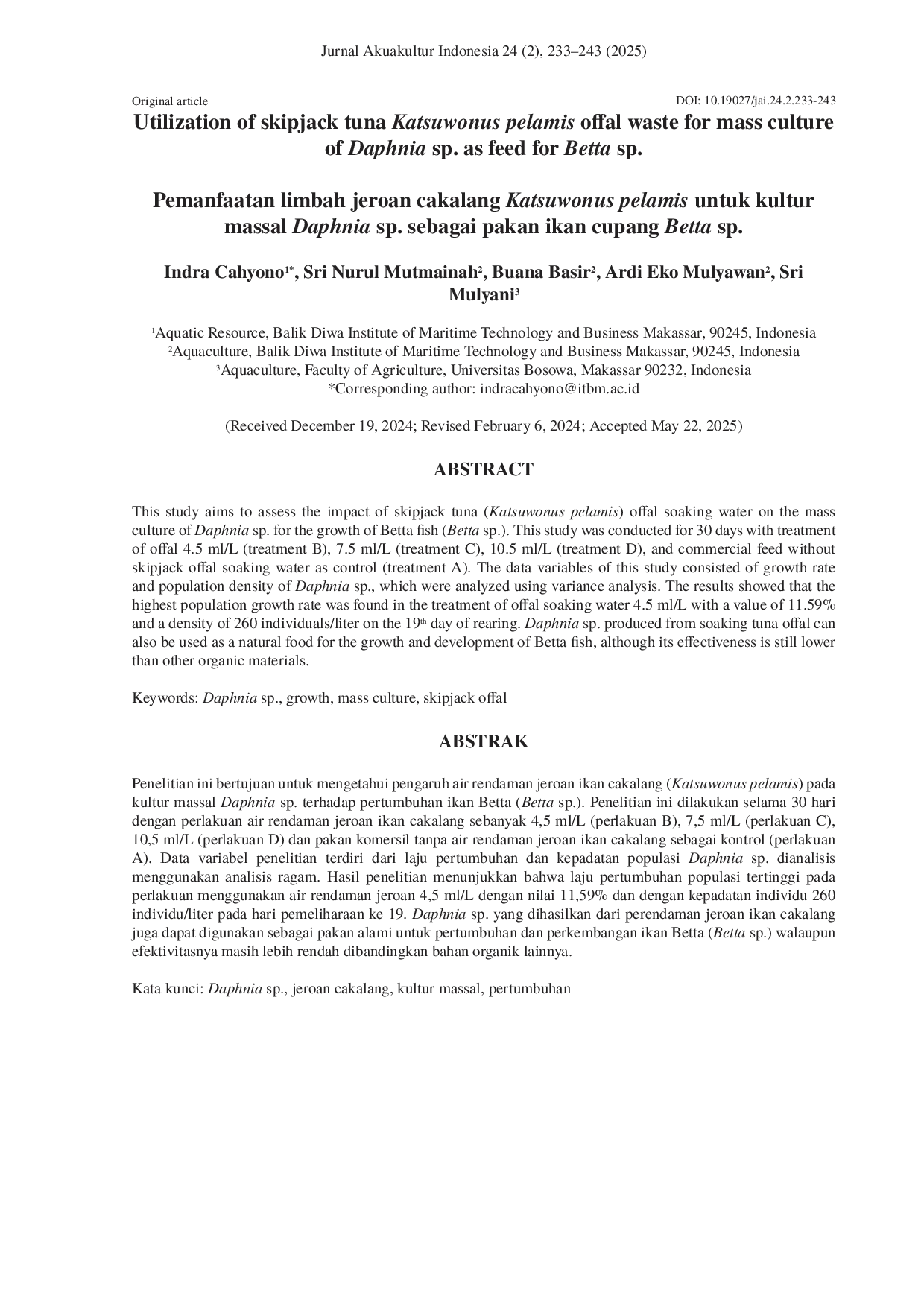 JURIS Utilization of skipjack tuna Katsuwonus pelamis offal waste for mass culture of Daphnia sp as feed for Betta sp