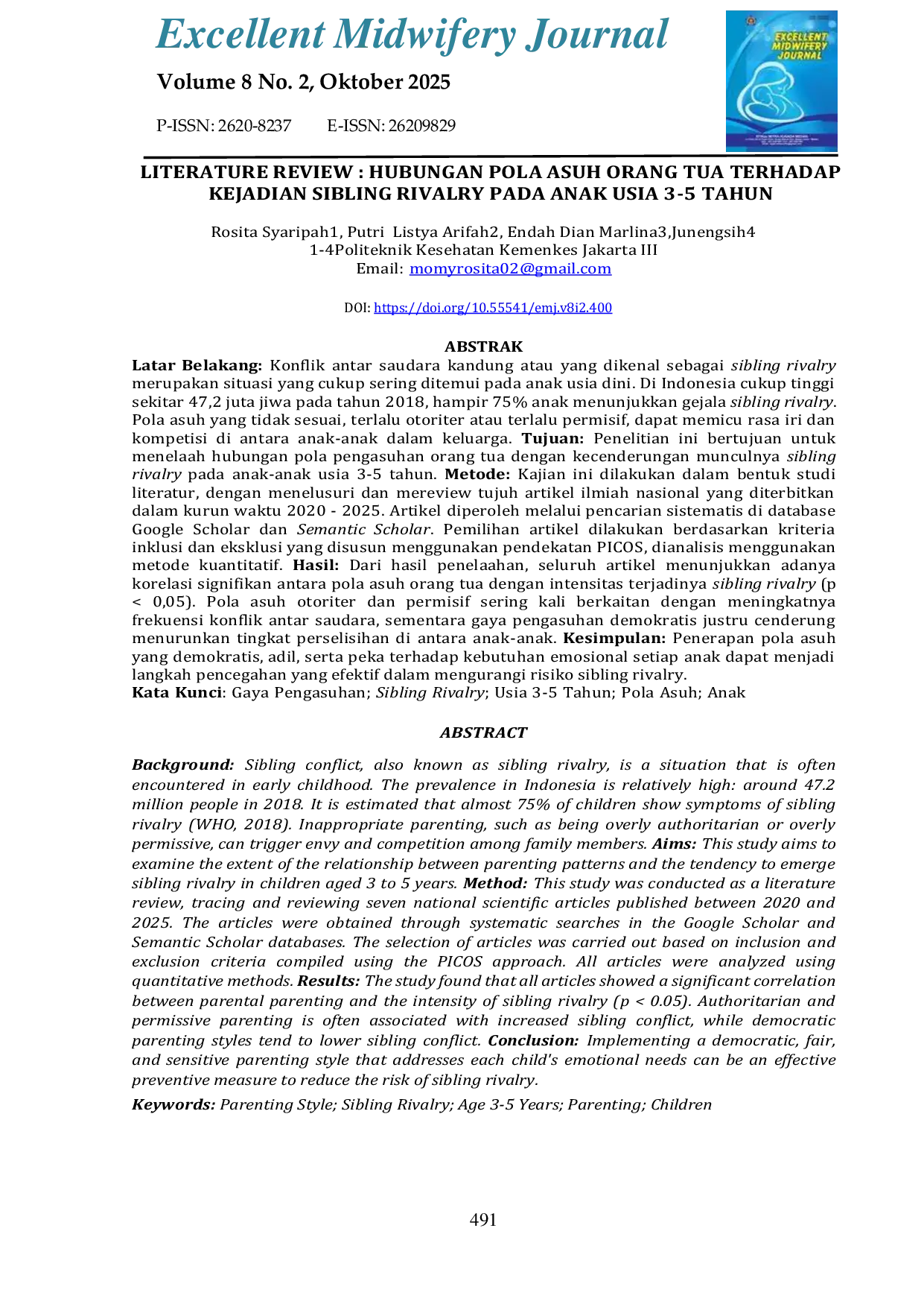JURIS Literature Review Hubungan Pola Asuh Orang Tua Terhadap Kejadian Sibling Rivalry Pada Anak Usia 3 5 Tahun