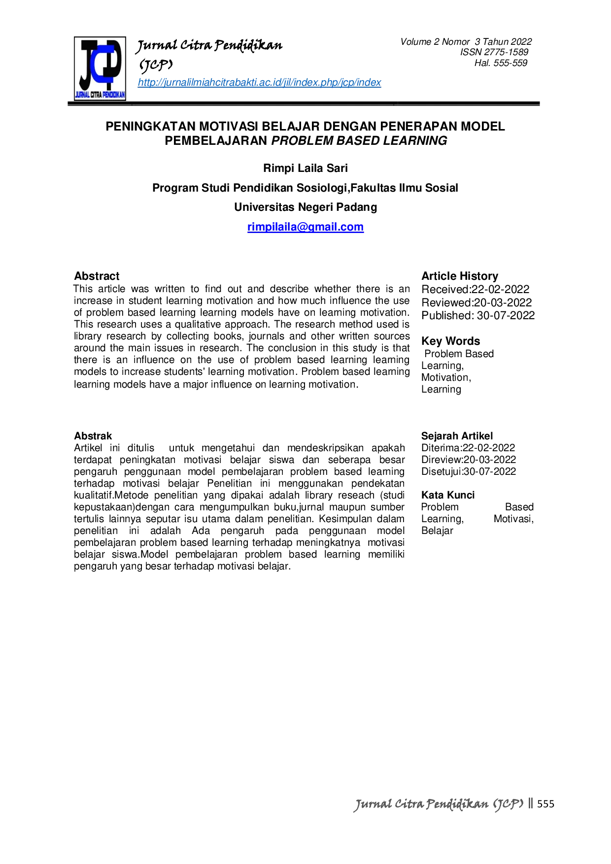 JURIS Peningkatan Motivasi Belajar dengan Penerapan Model Pembelajaran Problem Based Learning
