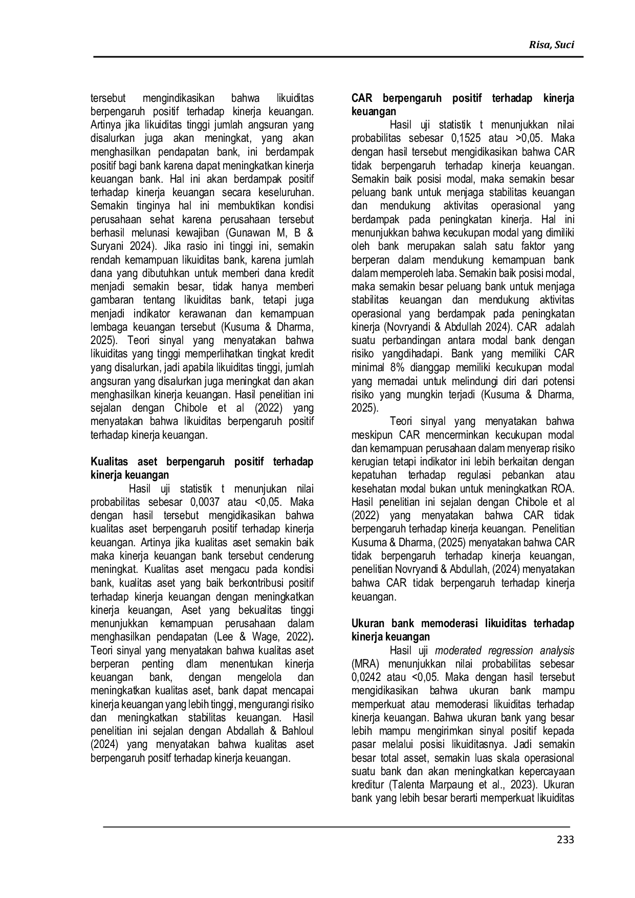 JURIS Pengaruh Moderating Ukuran Bank Dan Faktor Faktor Financial Distress Terhadap Kinerja Keuangan