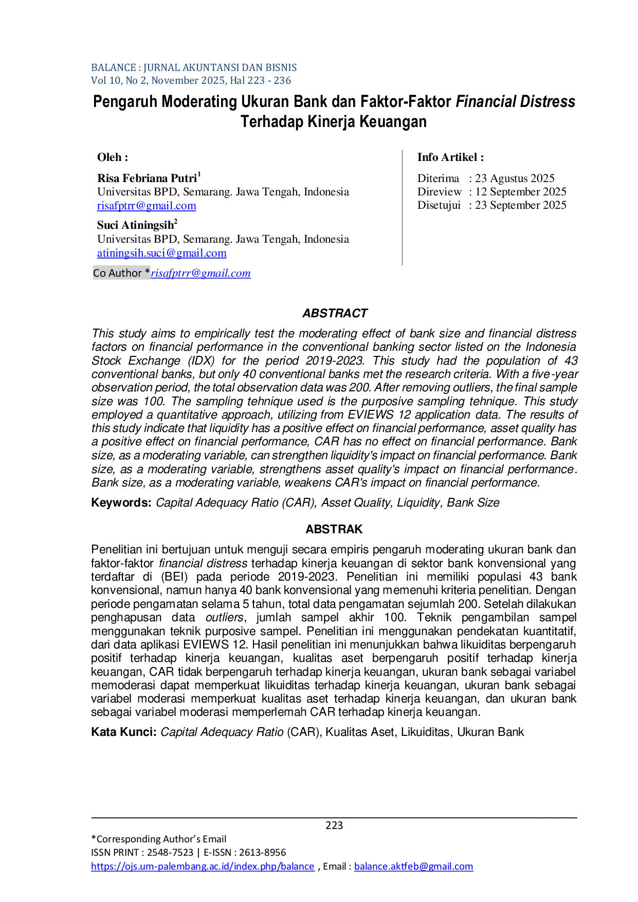 JURIS Pengaruh Moderating Ukuran Bank Dan Faktor Faktor Financial Distress Terhadap Kinerja Keuangan