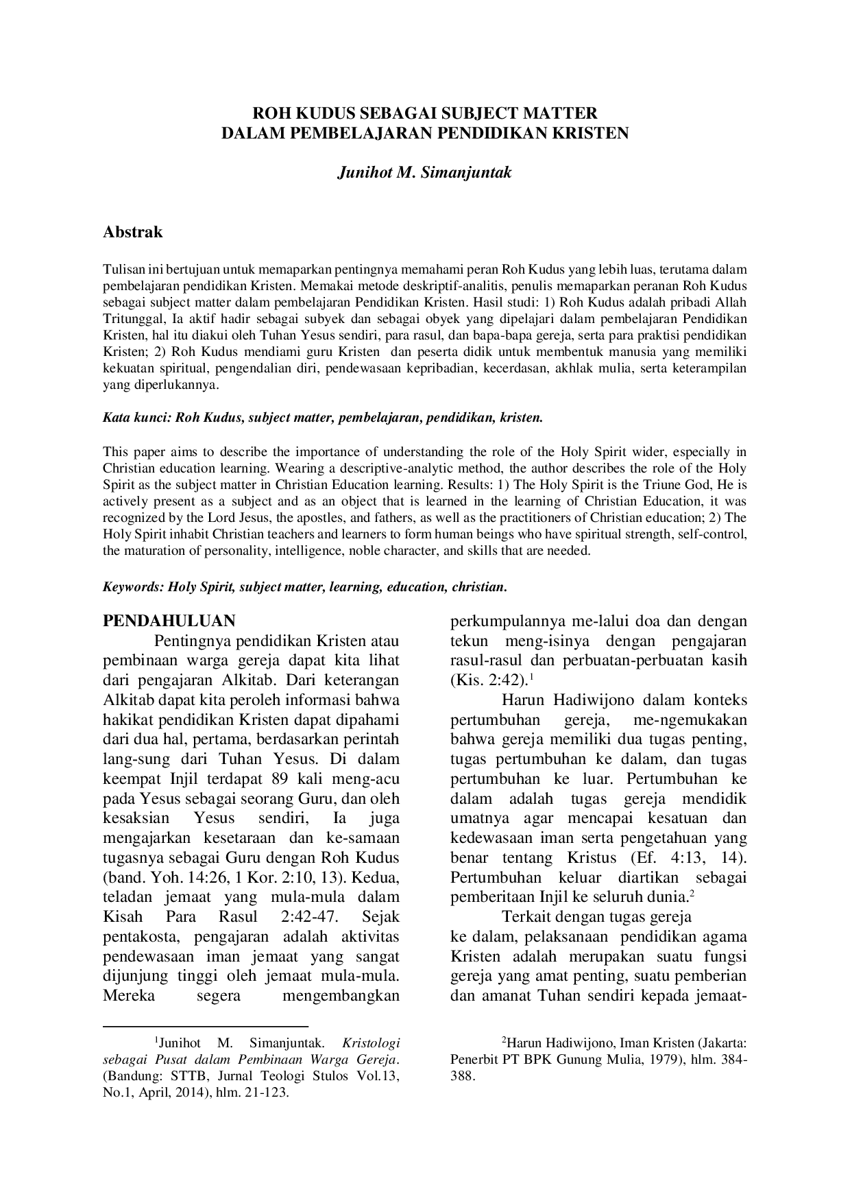 JURIS Roh Kudus Sebagai Subject Matter dalam Pembelajaran Pendidikan Kristen