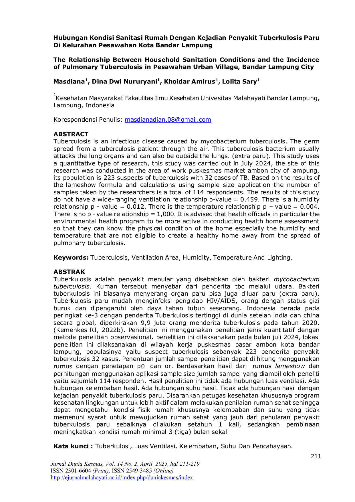 JURIS Hubungan Kondisi Sanitasi Lingkungan Rumah Dengan Kejadian Penyakit Tuberkulosis Paru Di Kelurahan Pesawahan Kota Bandar Lampung