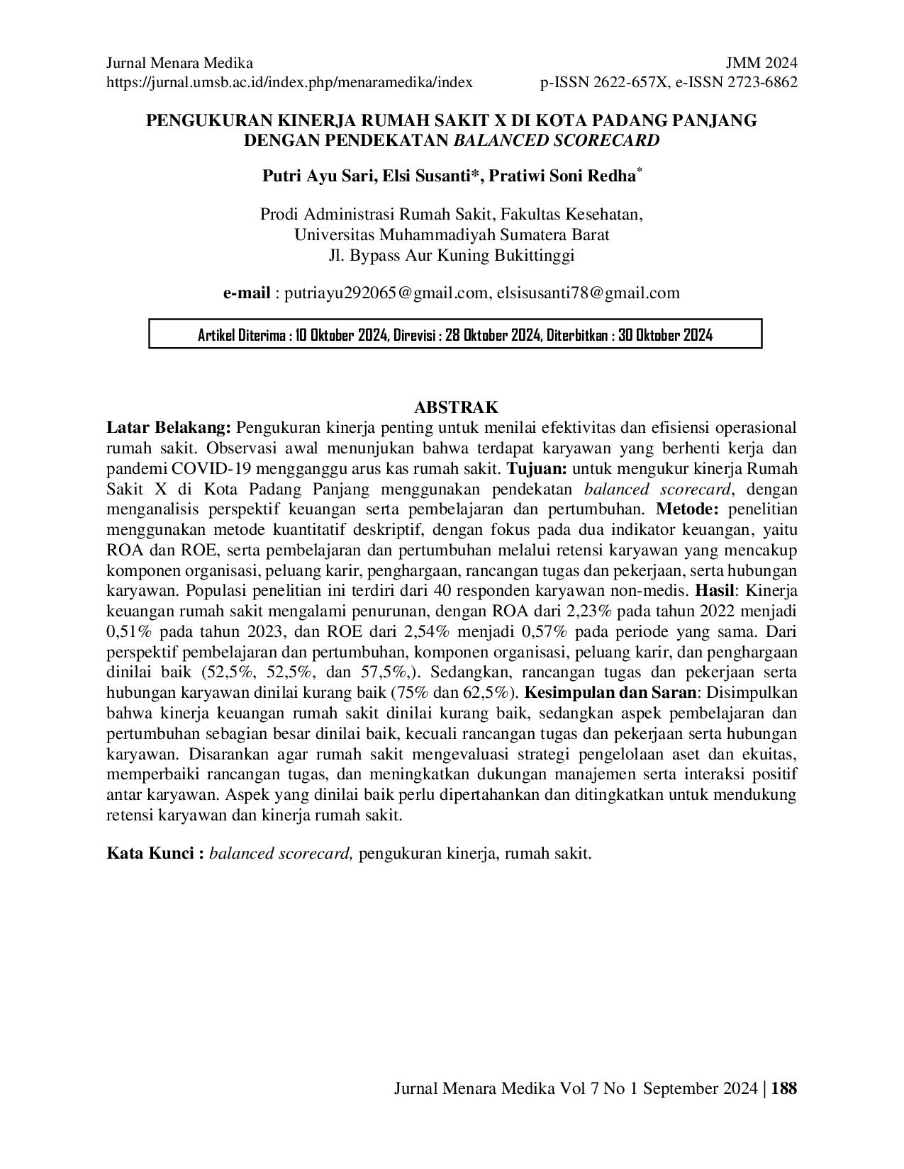 JURIS Pengukuran Kinerja Rumah Sakit X di Kota Padang Panjang dengan Pendekatan Balanced Scorecard