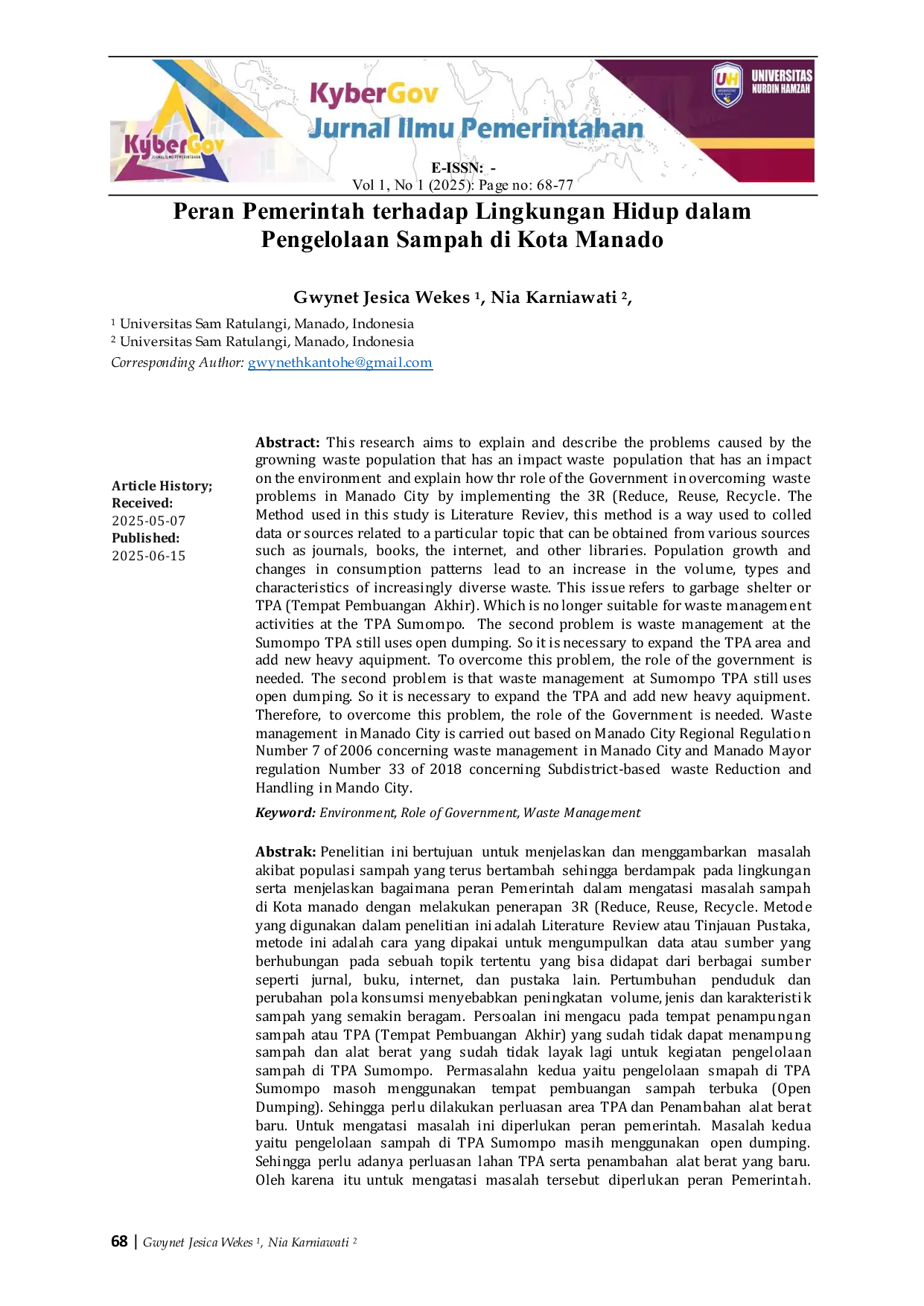 JURIS Peran Pemerintah terhadap Lingkungan Hidup dalam Pengelolaan Sampah di Kota Manado