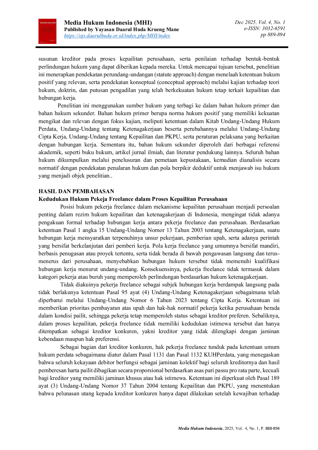 JURIS Kedudukan Hukum Pekerja Freelance dalam Kondisi Perusahaan Pailit