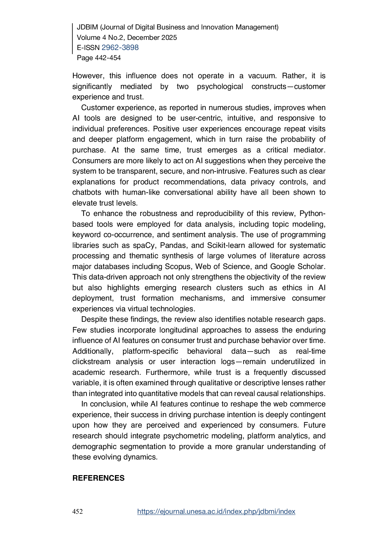 JURIS A Systematic Literature Review on Artificial Intelligence Features Driving Purchase Intention on Web Commerce Insights into Customer Experience and Trust Using Python Based Analysis