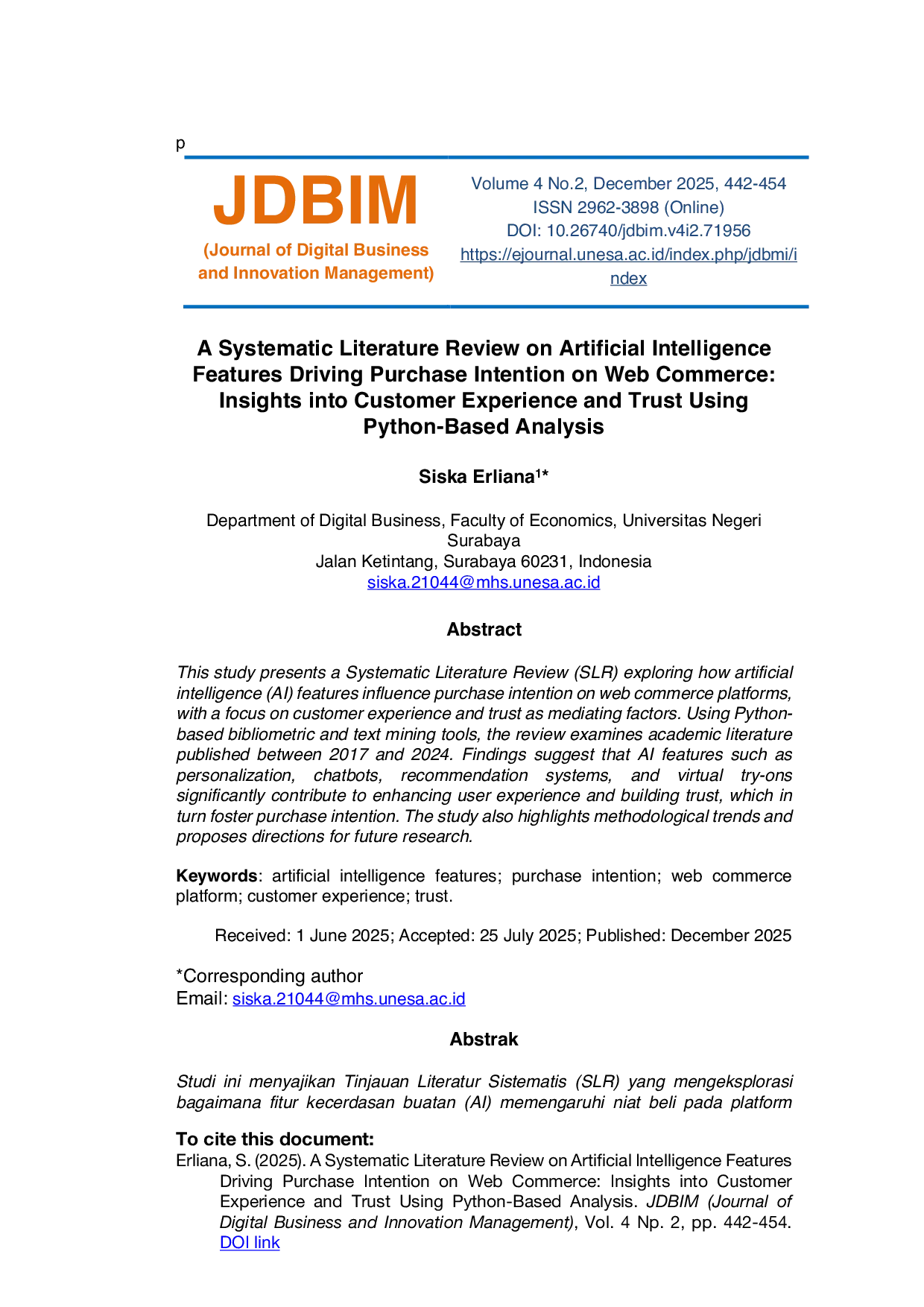 JURIS A Systematic Literature Review on Artificial Intelligence Features Driving Purchase Intention on Web Commerce Insights into Customer Experience and Trust Using Python Based Analysis