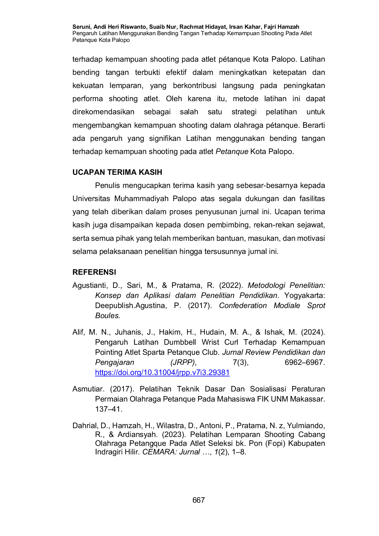 JURIS Pengaruh Latihan Menggunakan Bending Tangan Terhadap Kemampuan Shooting Pada Atlet Petanque Kota Palopo