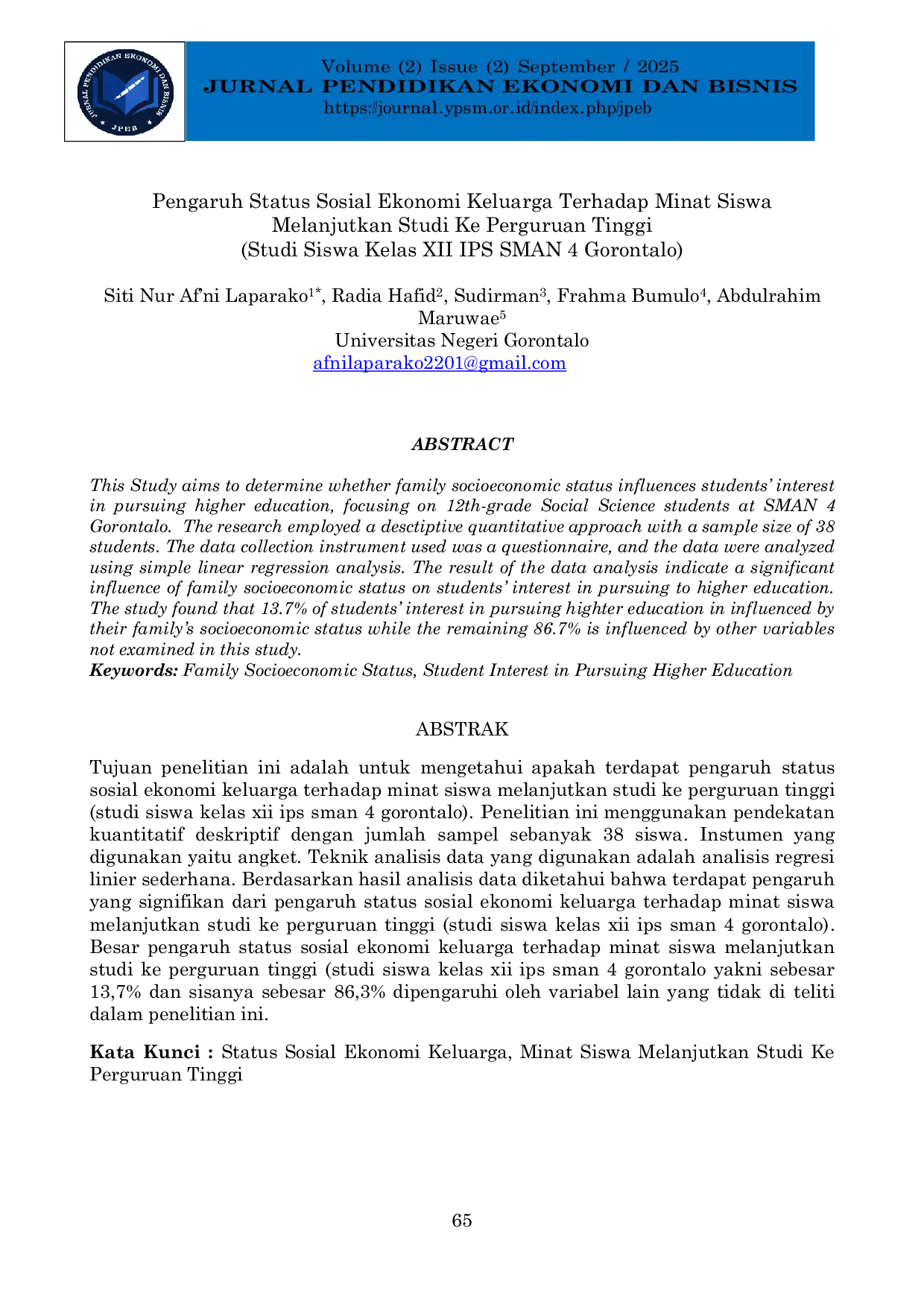 JURIS Pengaruh Status Sosial Ekonomi Keluarga Terhadap Minat Siswa Melanjutkan Studi Ke Perguruan Tinggi Studi Siswa Kelas XII IPS SMAN 4 Gorontalo