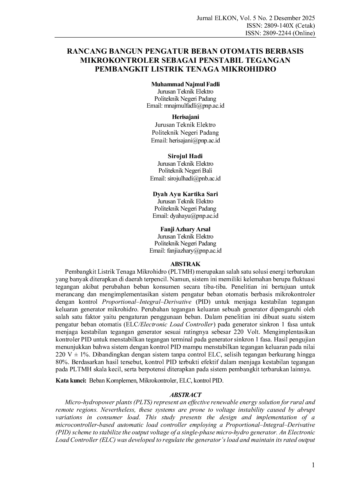 JURIS Rancang Bangun Pengatur Beban Otomatis Berbasis Mikrokontroler Sebagai Penstabil Tegangan Pembangkit Listrik Tenaga Mikrohidro