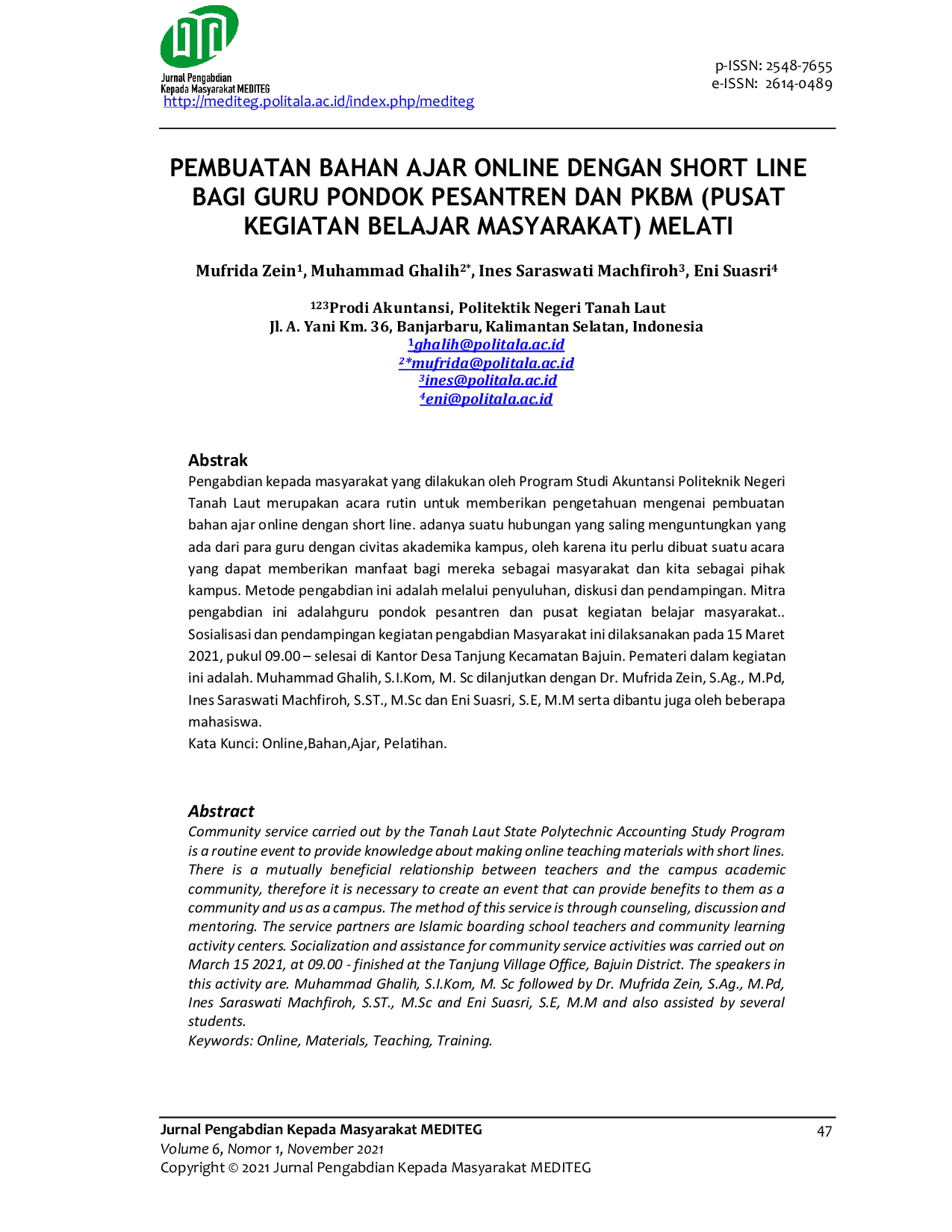 JURIS Pembuatan Bahan Ajar Online Dengan Short Line Bagi Guru Pondok Pesantren Dan PKBM Pusat Kegiatan Belajar Masyarakat Melati