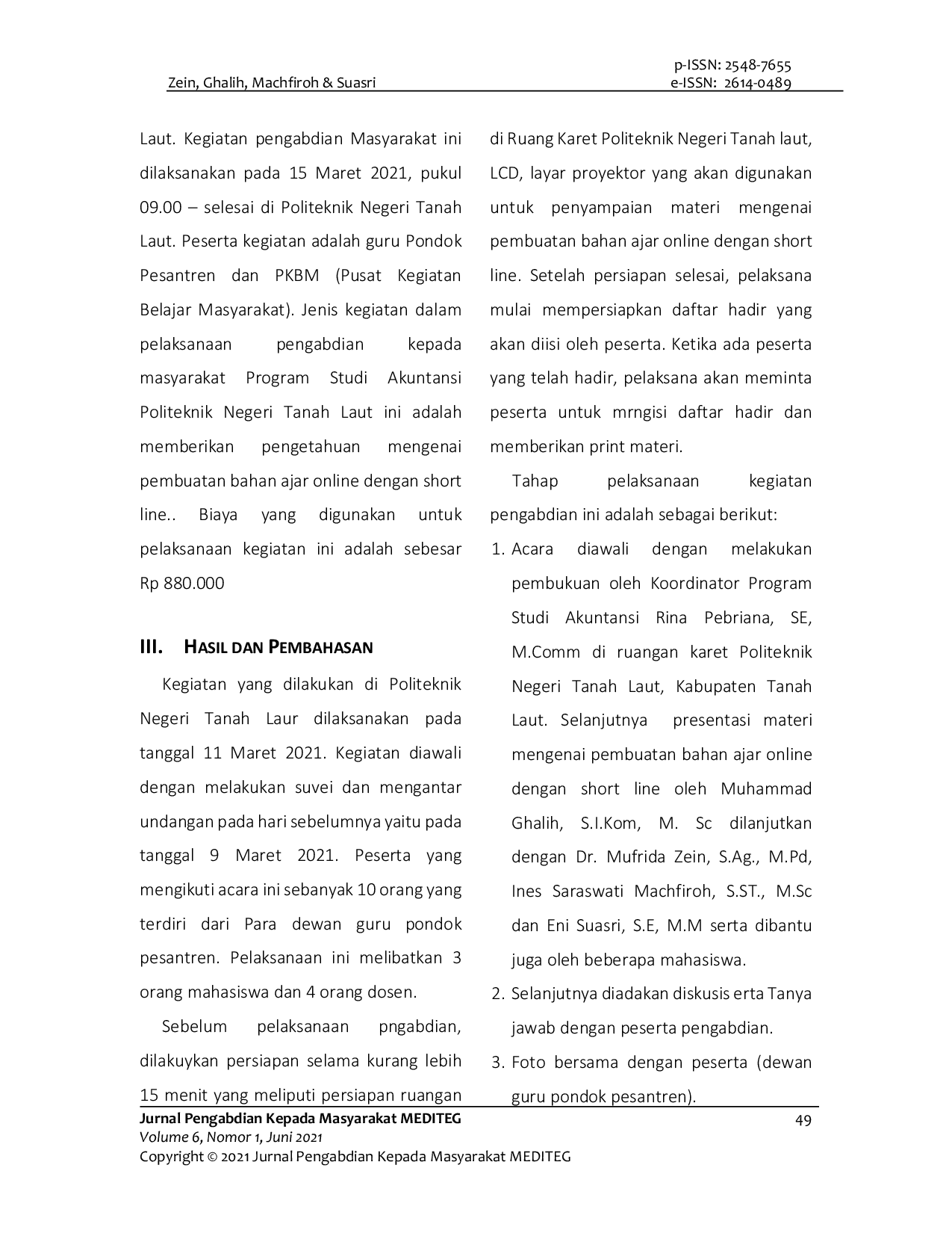 JURIS Pembuatan Bahan Ajar Online Dengan Short Line Bagi Guru Pondok Pesantren Dan PKBM Pusat Kegiatan Belajar Masyarakat Melati