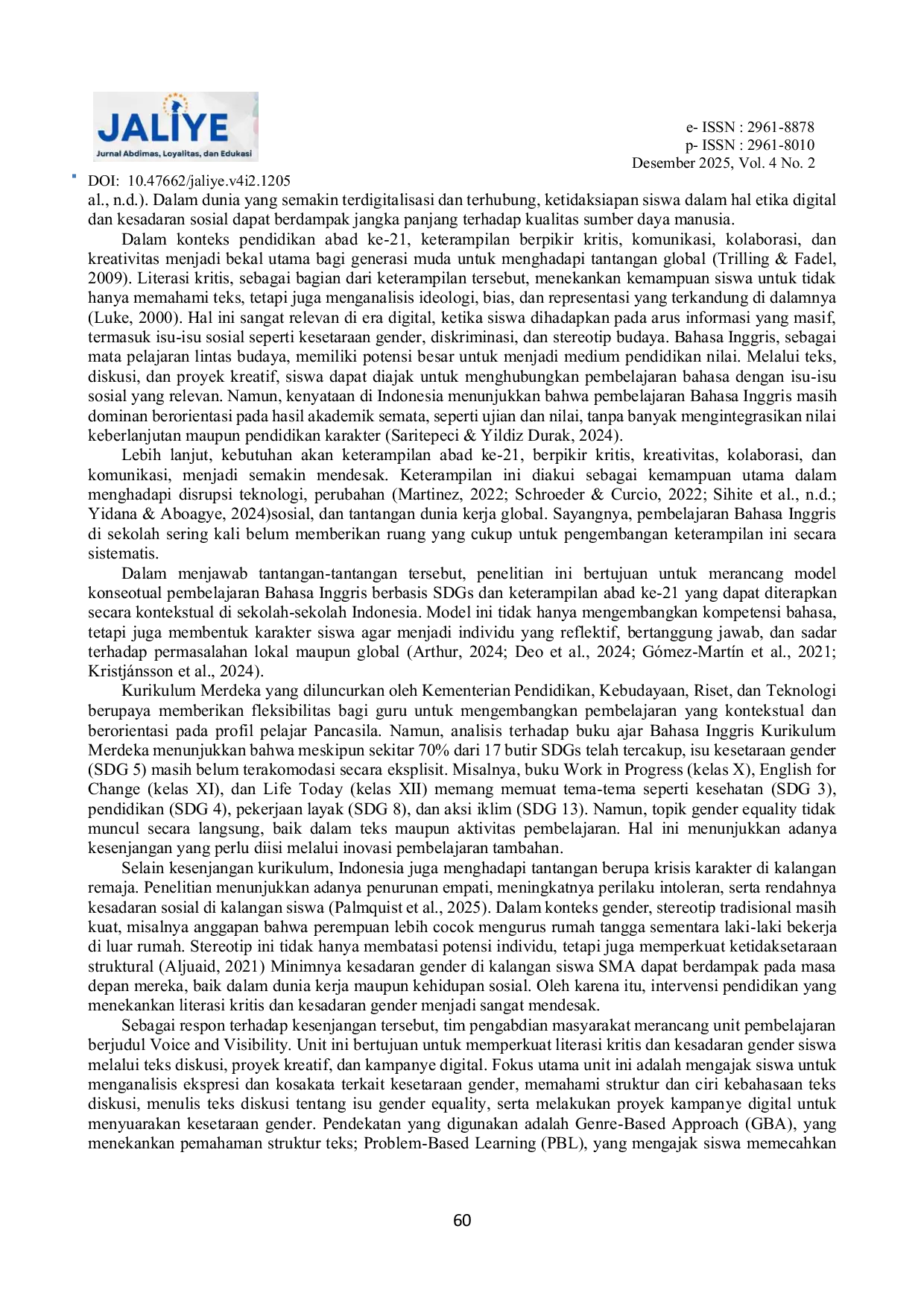 JURIS Penguatan Literasi Kritis dan Kesadaran Gender Siswa SMA Melalui Unit Voice and Visibility Sebagai Dukungan SDG 5