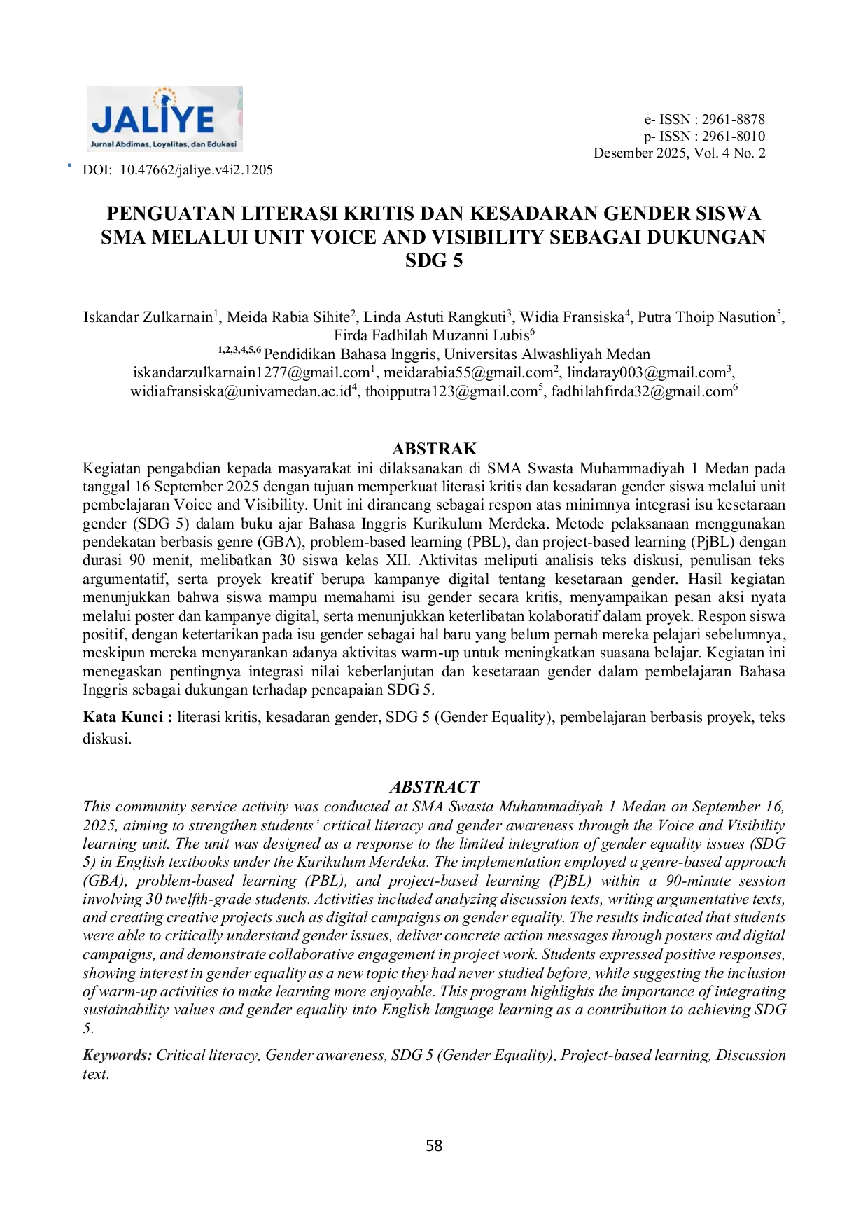 JURIS Penguatan Literasi Kritis dan Kesadaran Gender Siswa SMA Melalui Unit Voice and Visibility Sebagai Dukungan SDG 5