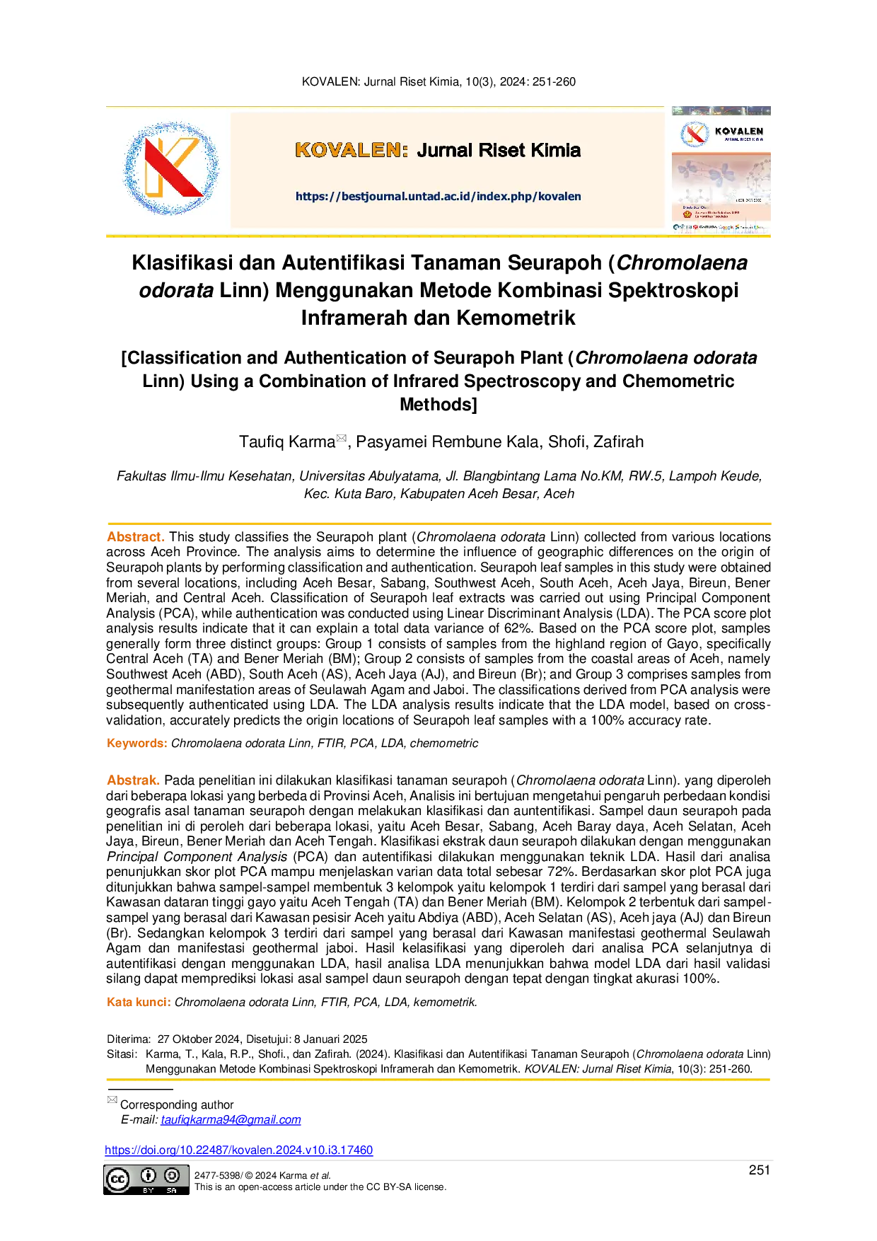 JURIS Klasifikasi dan Autentifikasi Tanaman Seurapoh Chromolaena odorata Linn Menggunakan Metode Kombinasi Spektroskopi Inframerah dan Kemometrik